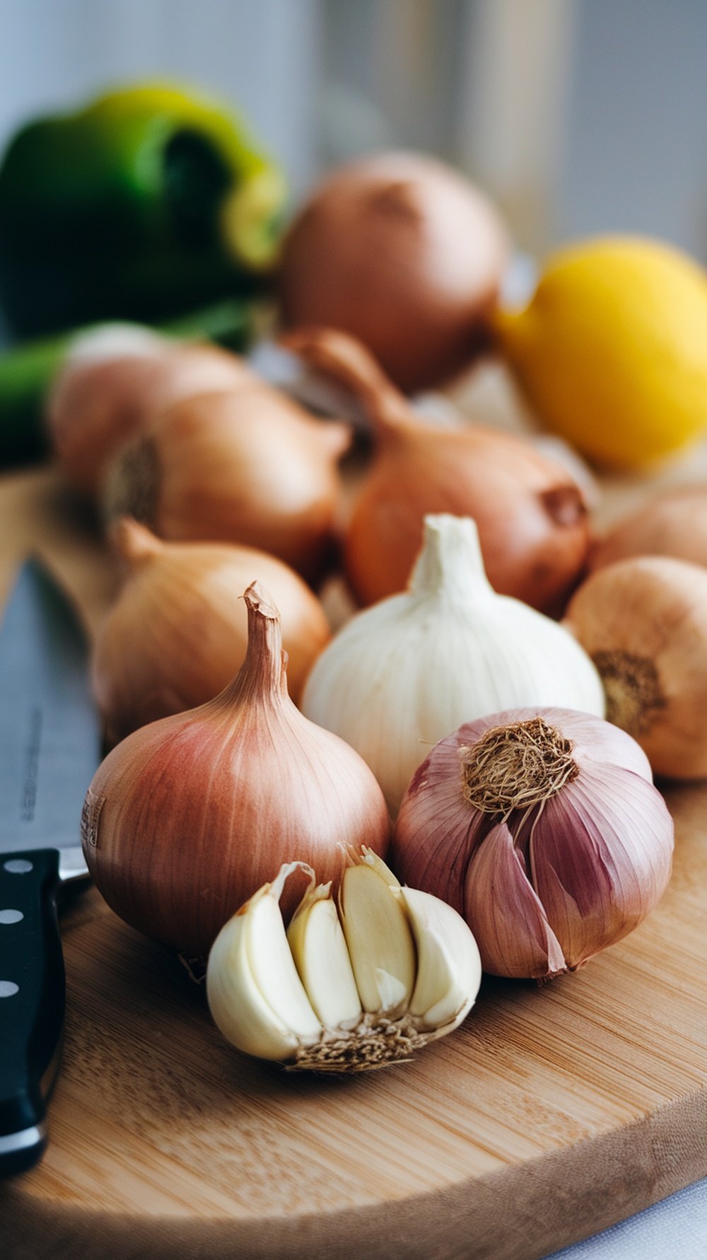 A variety of garlic and onions on a wooden cutting board with a knife.