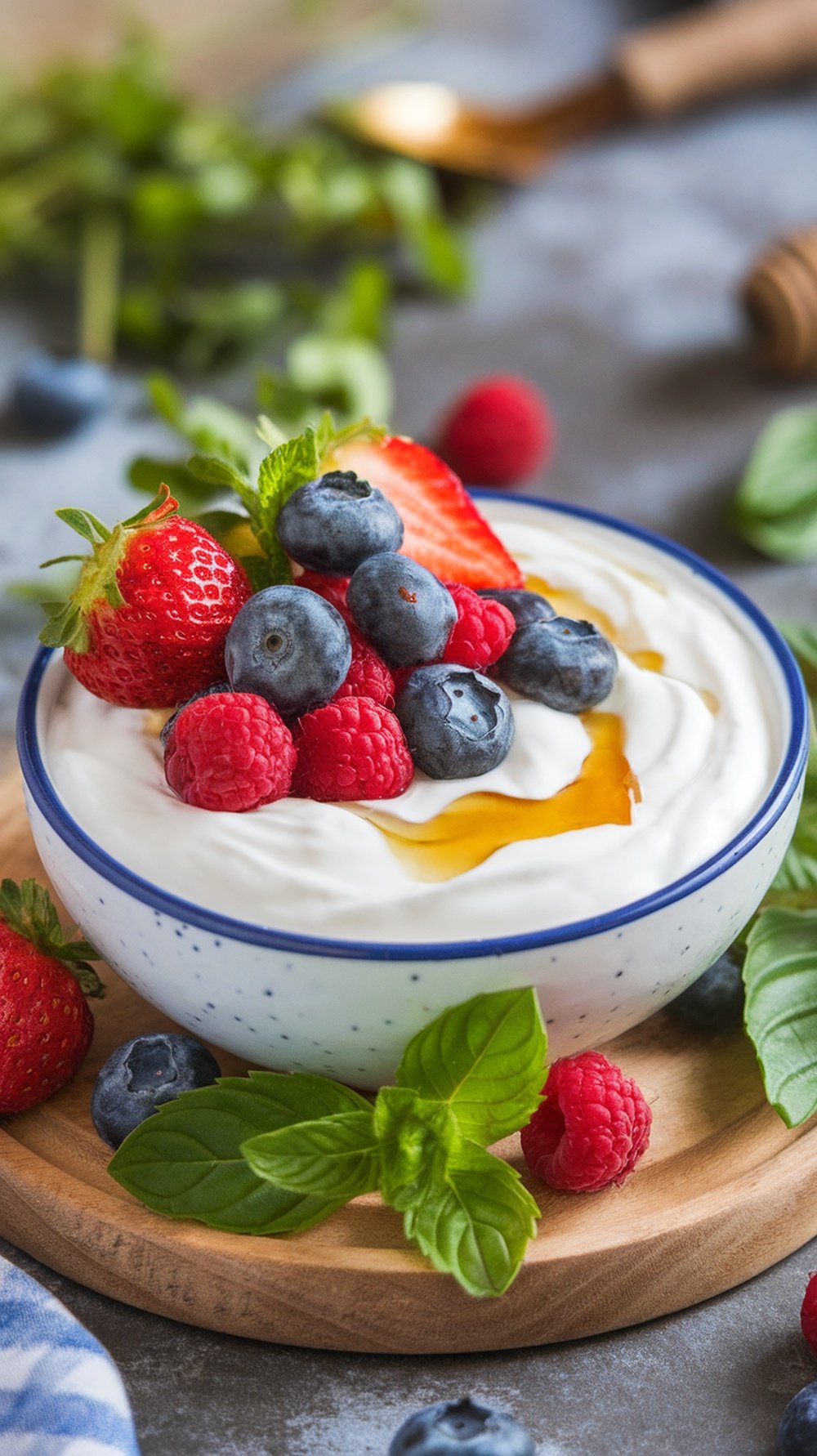 A bowl of yogurt topped with fresh strawberries, blueberries, raspberries, and a drizzle of honey, placed on a wooden tray.