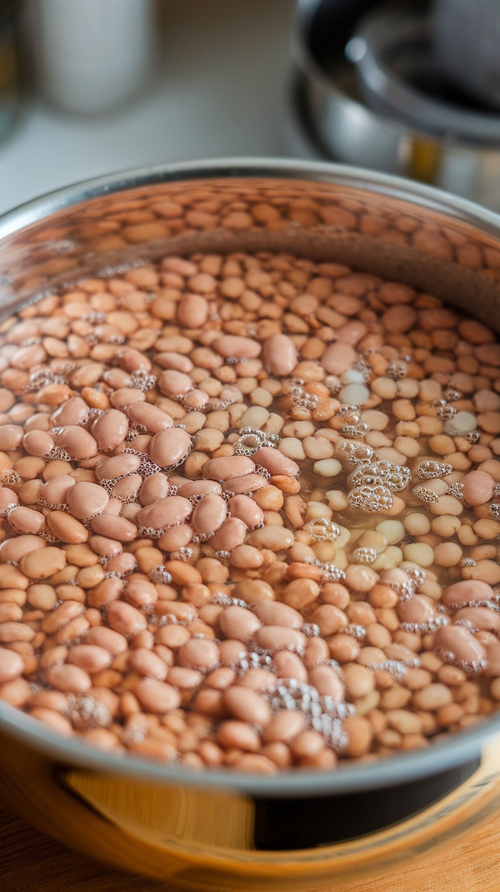 A pot filled with various beans soaking in water, preparing for cooking.