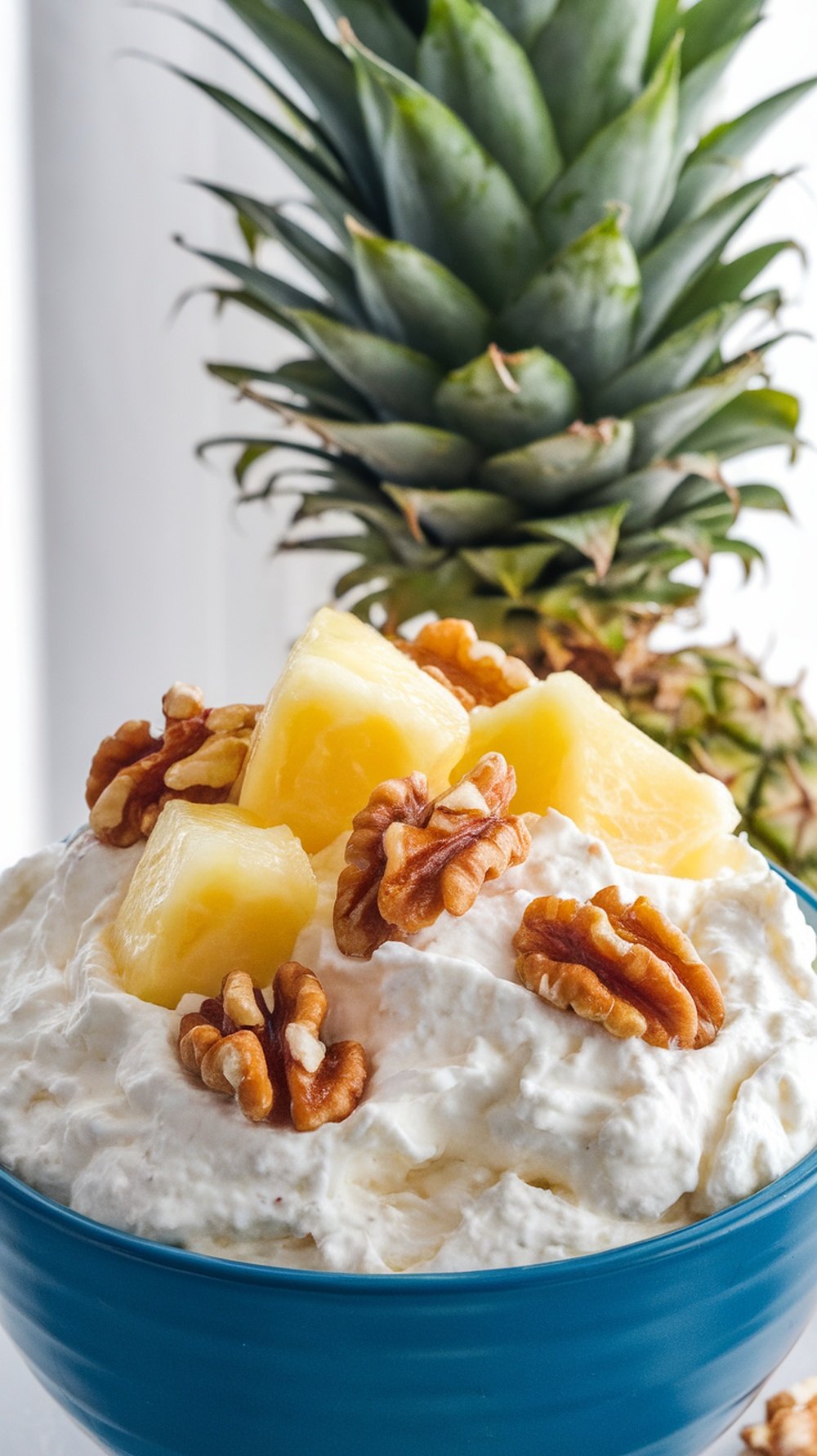 A bowl of cottage cheese topped with pineapple chunks and walnuts, with a pineapple in the background.
