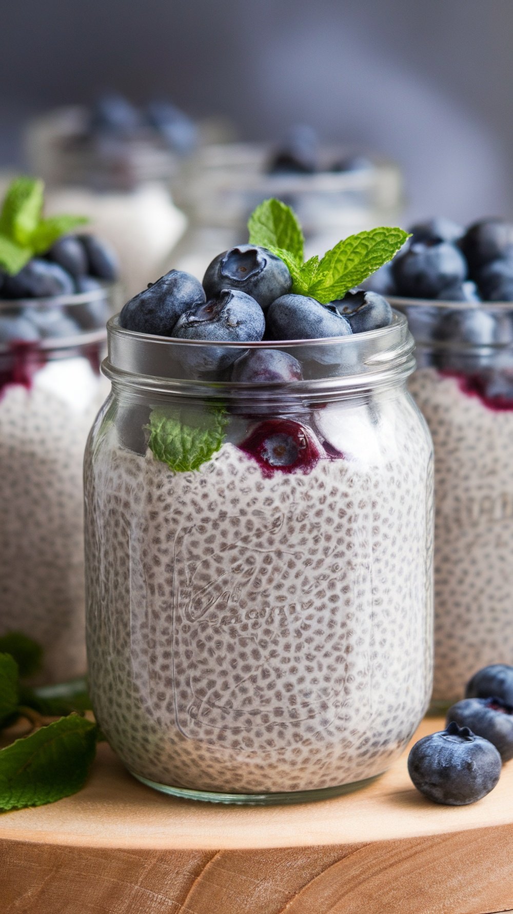 A jar of blueberry chia pudding topped with fresh blueberries and mint leaves