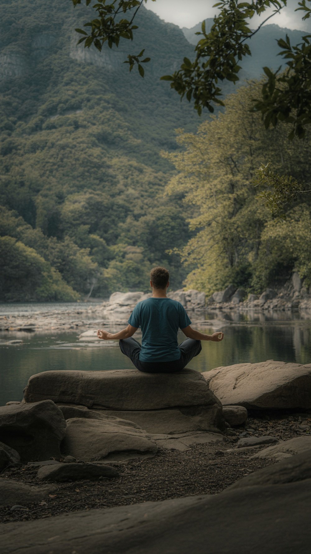 A person meditating on a rock by a calm body of water, surrounded by trees and mountains.