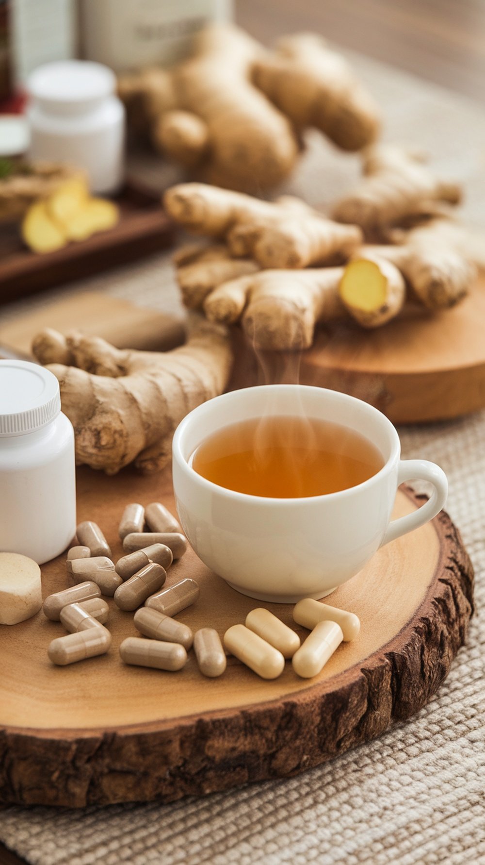 A steaming cup of ginger tea surrounded by ginger roots and capsules on a wooden surface.