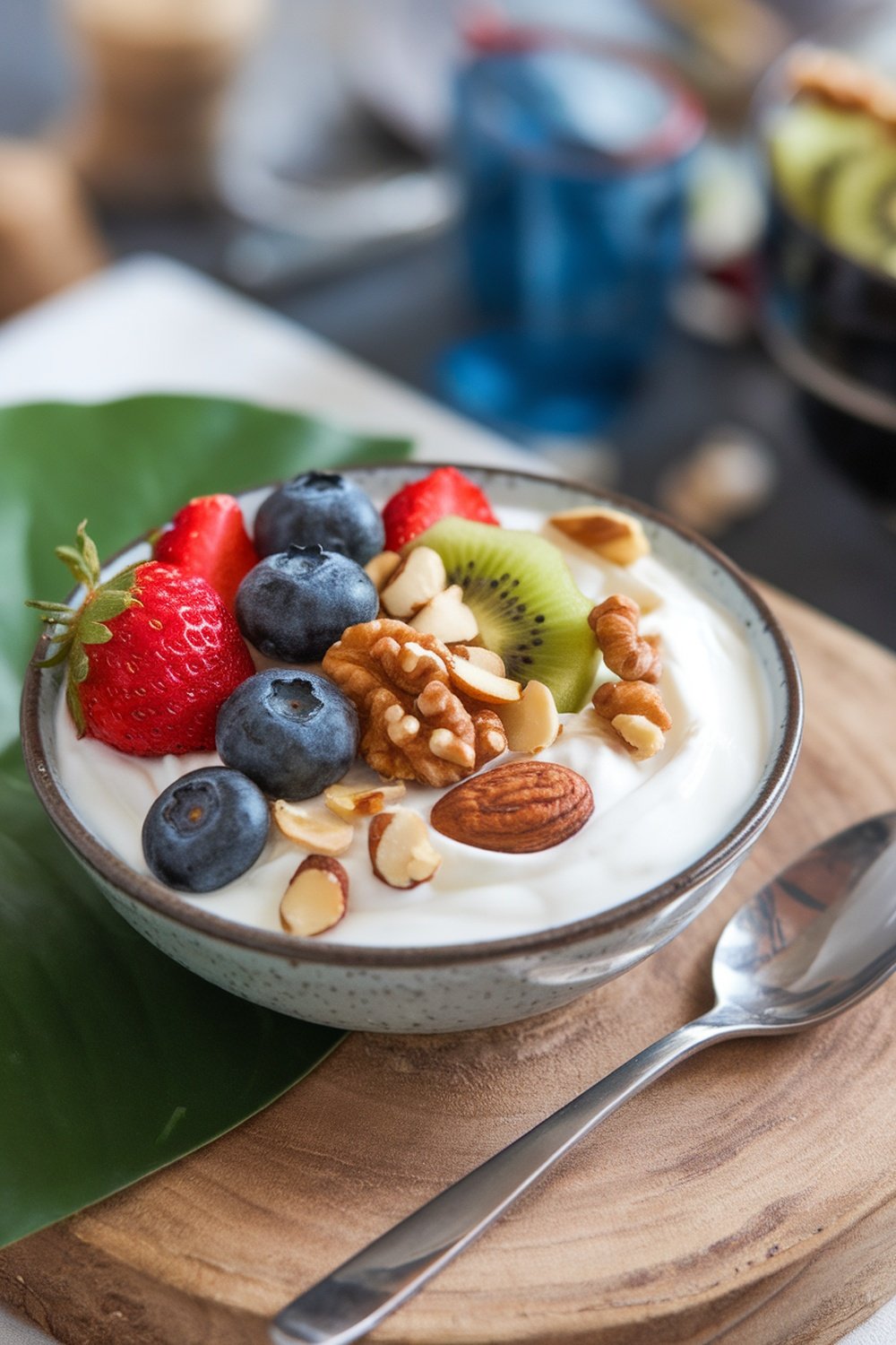 A bowl of yogurt topped with strawberries, blueberries, kiwi, and nuts on a wooden surface.
