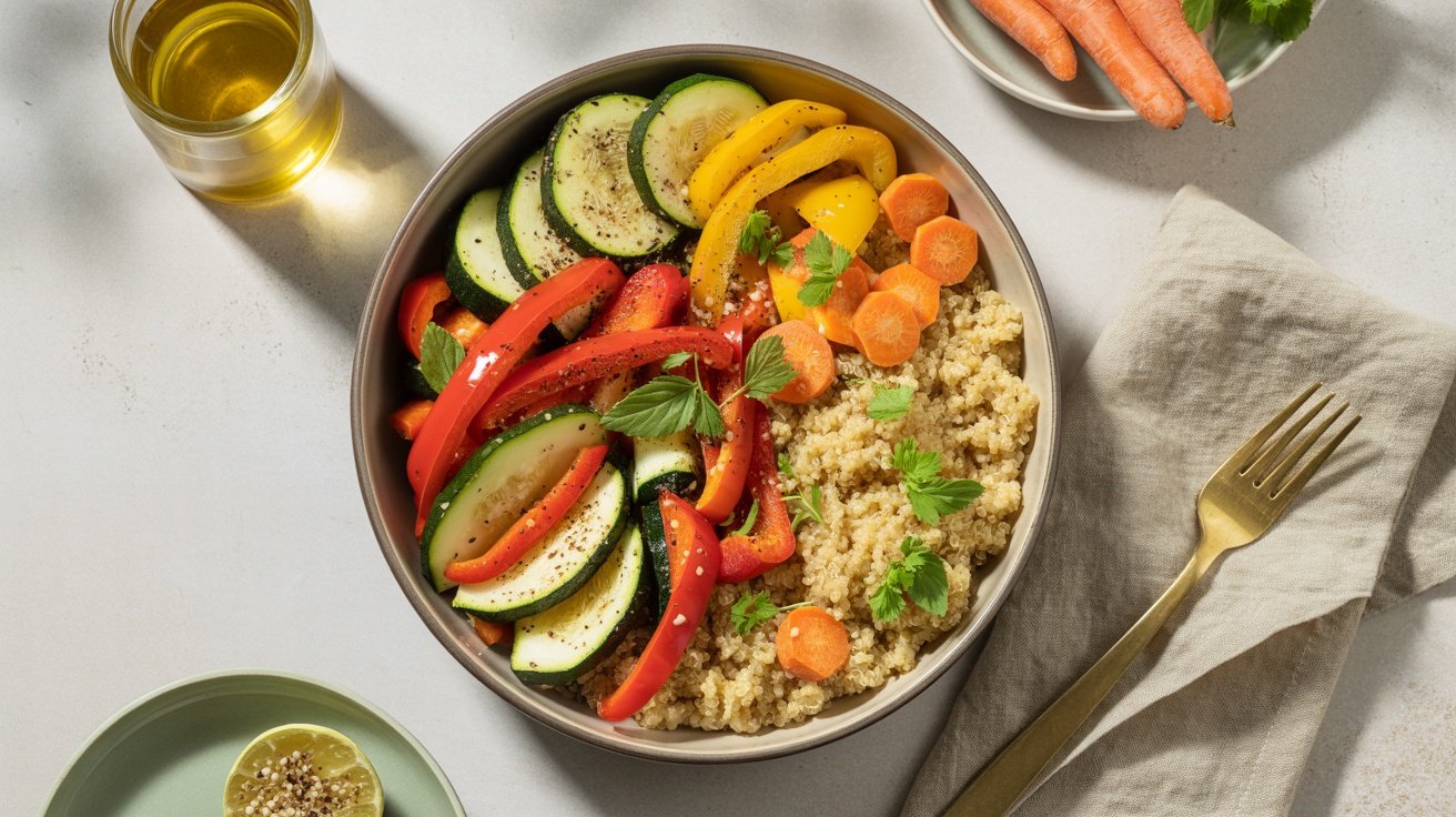 A colorful quinoa and roasted vegetable bowl with zucchini, bell peppers, and carrots, garnished with fresh herbs.