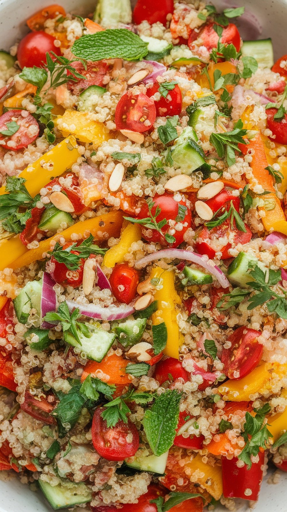 A colorful quinoa salad with various chopped vegetables and herbs.