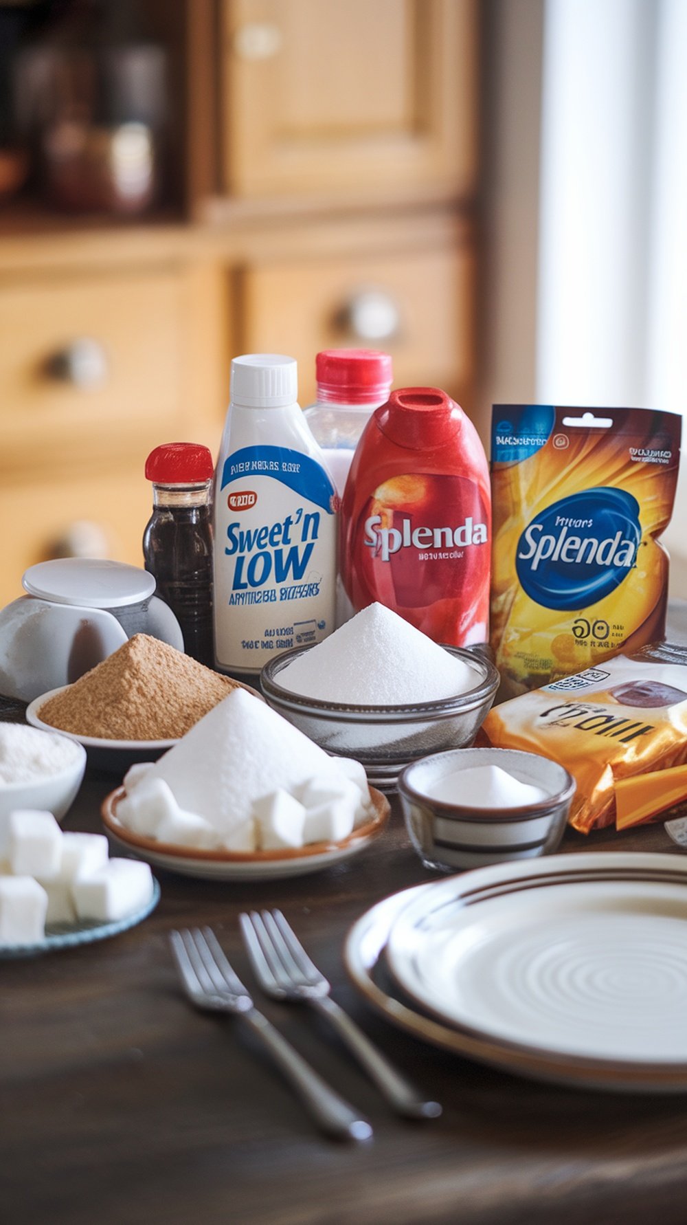Various types of processed sugars and sweeteners displayed on a table.