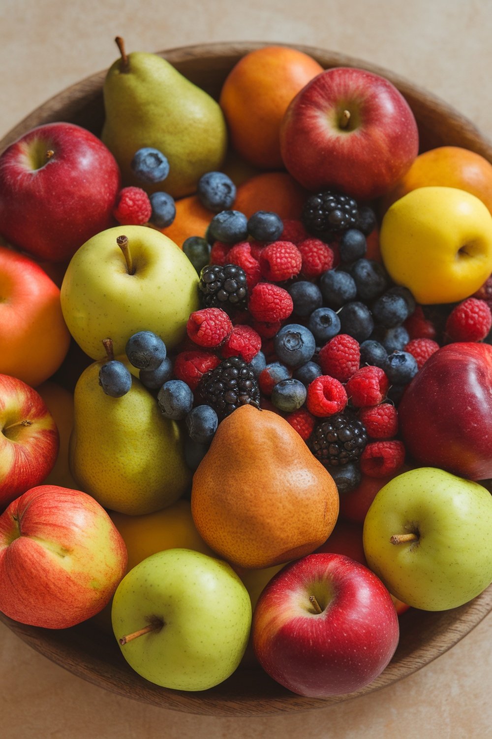 A bowl filled with various fruits including apples, pears, and berries, showcasing a colorful and healthy selection.
