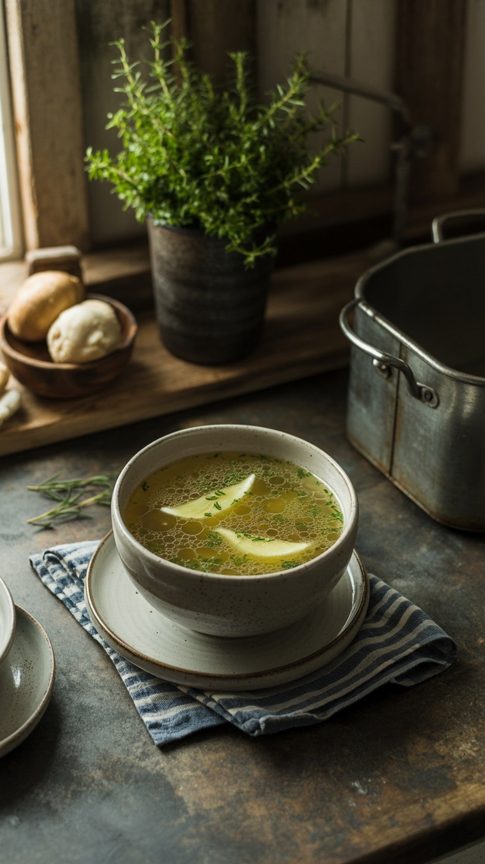 A bowl of bone broth with herbs, surrounded by ingredients like mushrooms and bread, in a cozy kitchen setting.