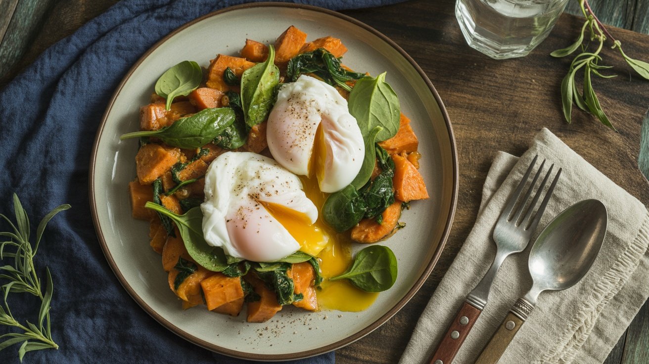 A plate of sweet potato hash with spinach and poached eggs, garnished with herbs.