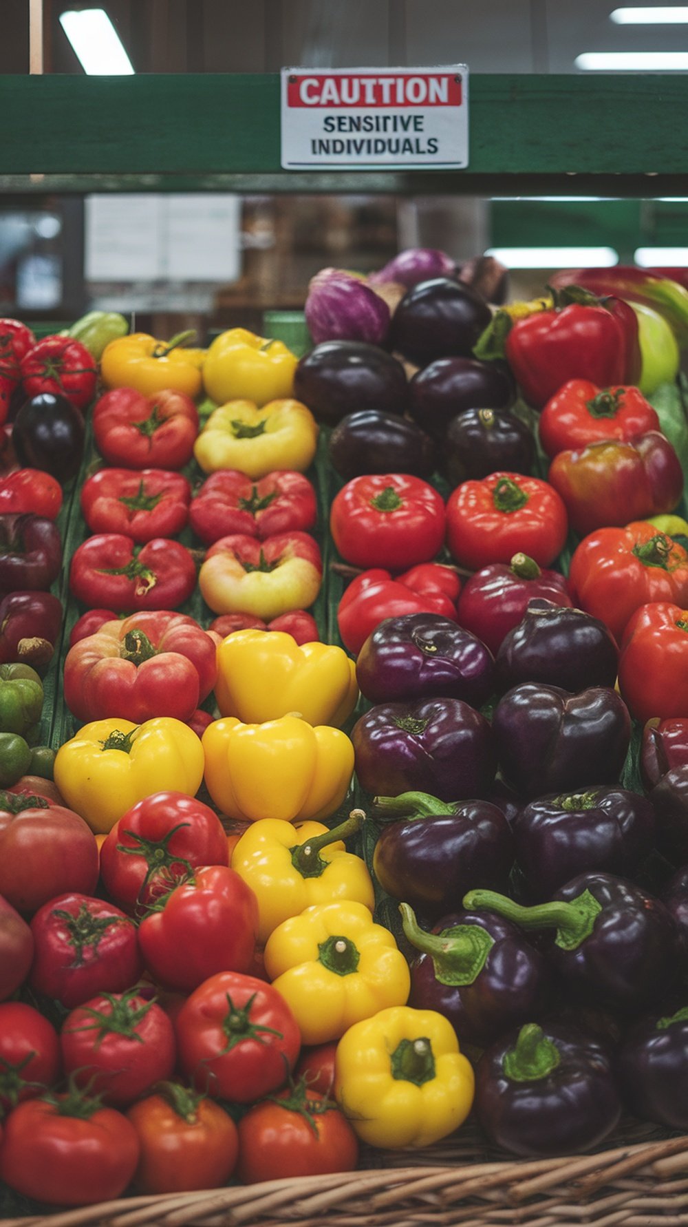 A display of colorful nightshade vegetables with a caution sign for sensitive individuals.