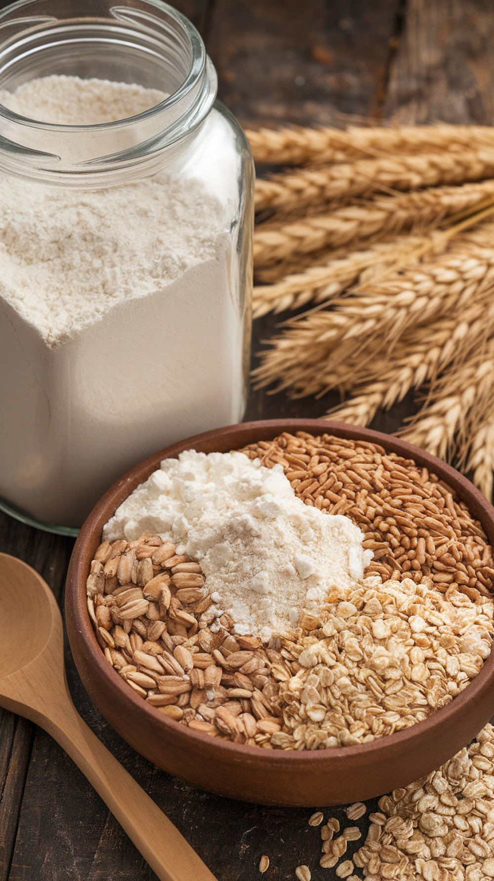 A jar of white flour next to a bowl of various grains on a wooden table.