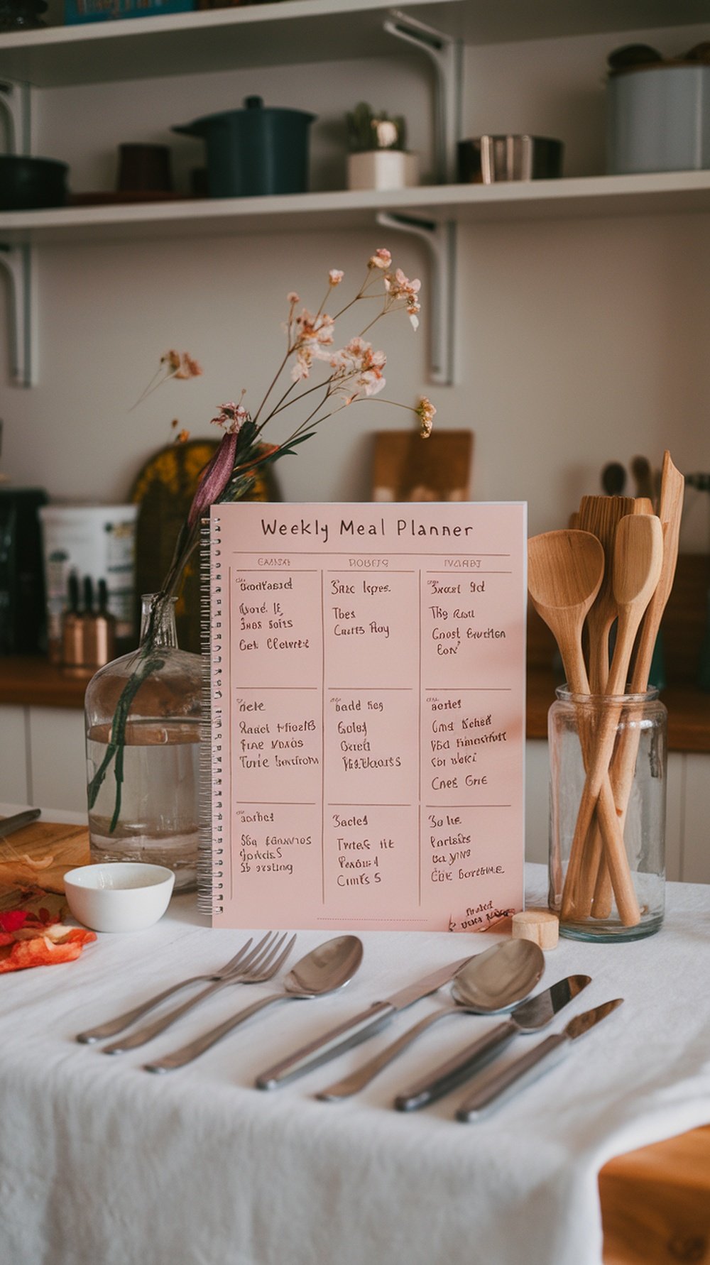 A weekly meal planner with a list of meals for each day, surrounded by kitchen utensils and a vase of flowers.