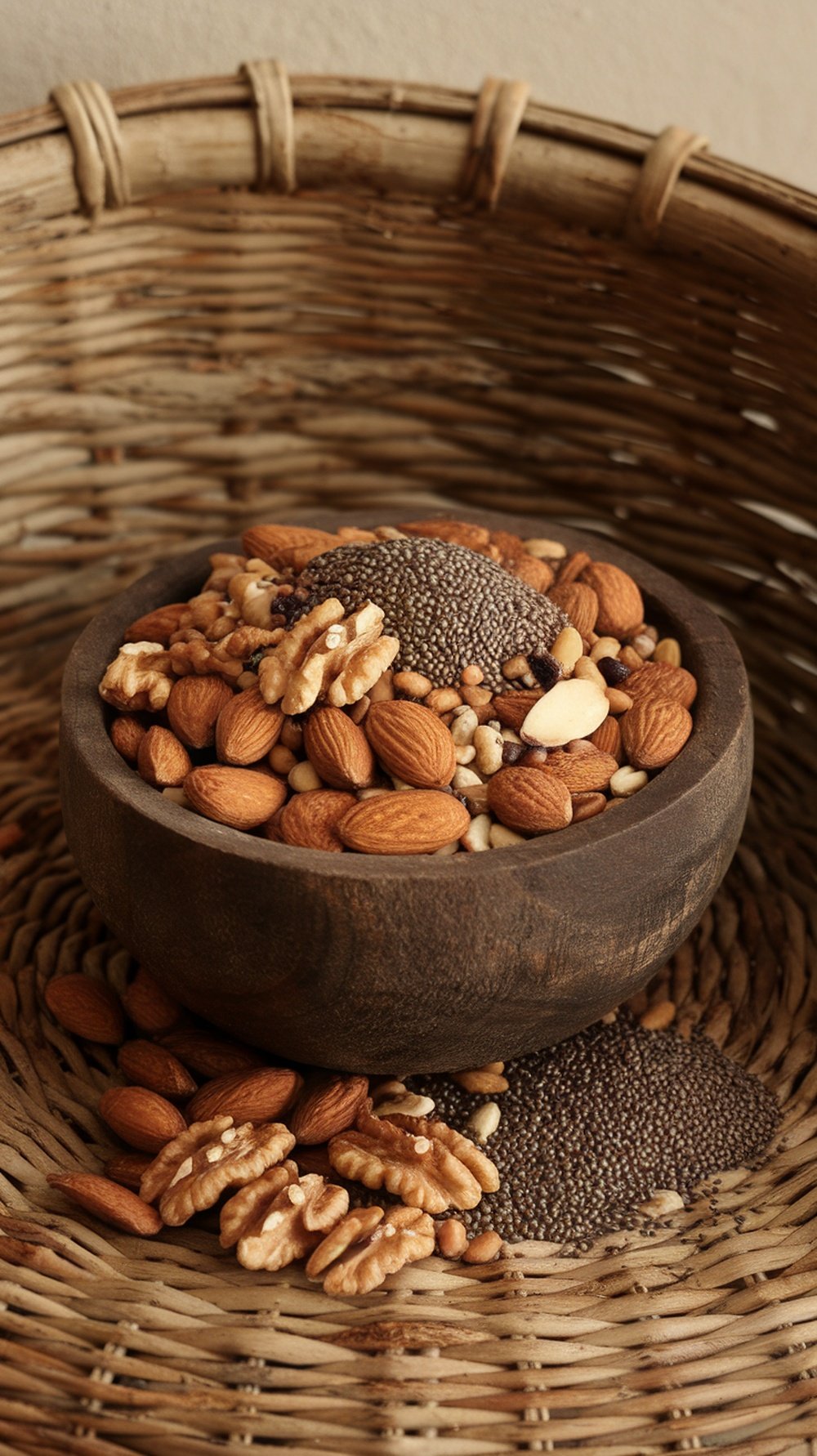 A wooden bowl filled with various nuts and seeds, including almonds, walnuts, and chia seeds, placed in a woven basket.