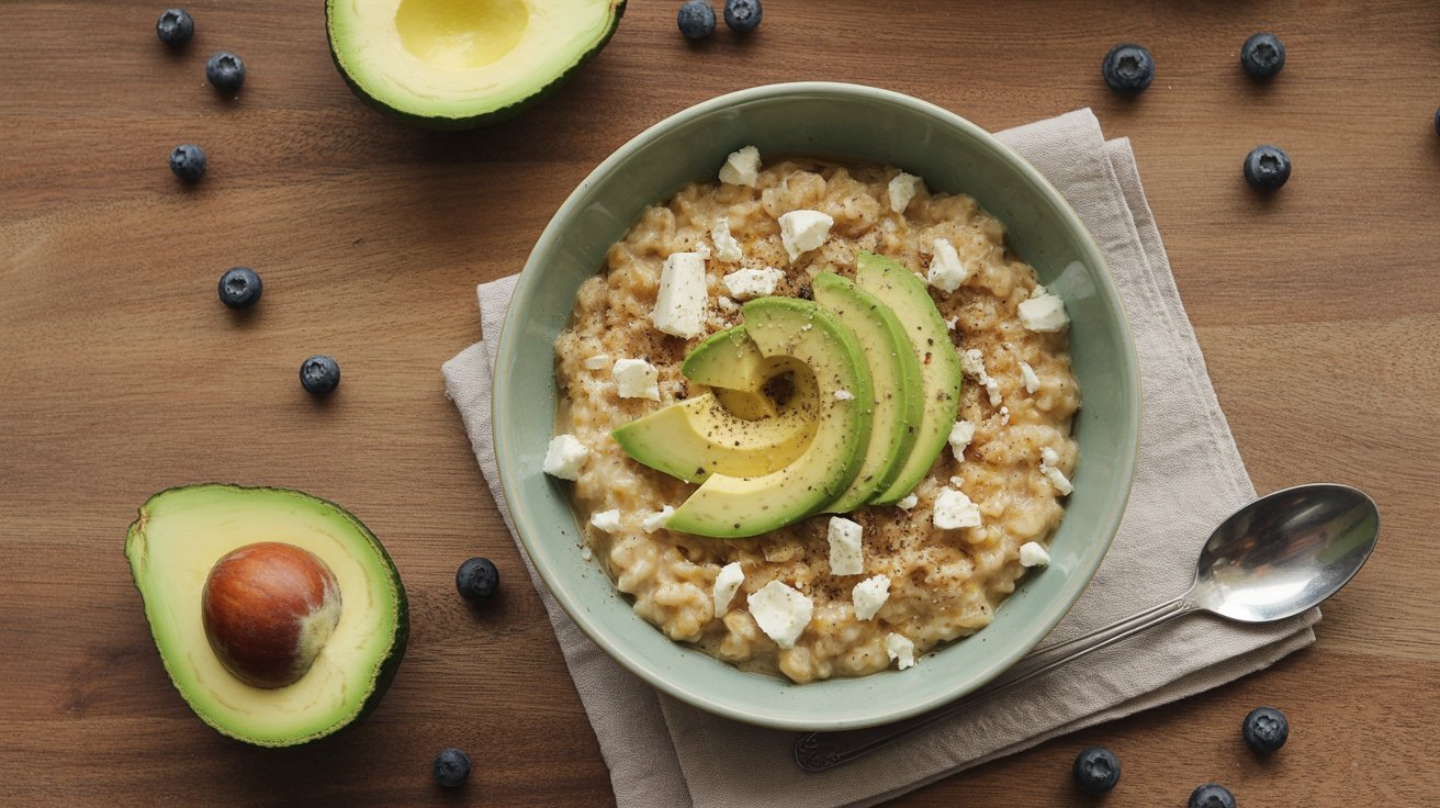 A bowl of savory oatmeal topped with avocado slices and feta cheese, surrounded by blueberries and an avocado half.
