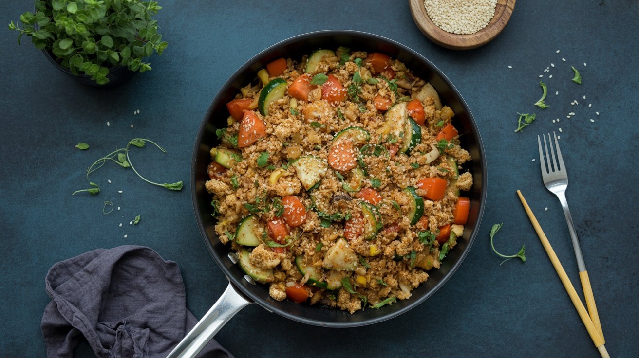 A colorful cauliflower rice stir-fry with vegetables in a skillet.