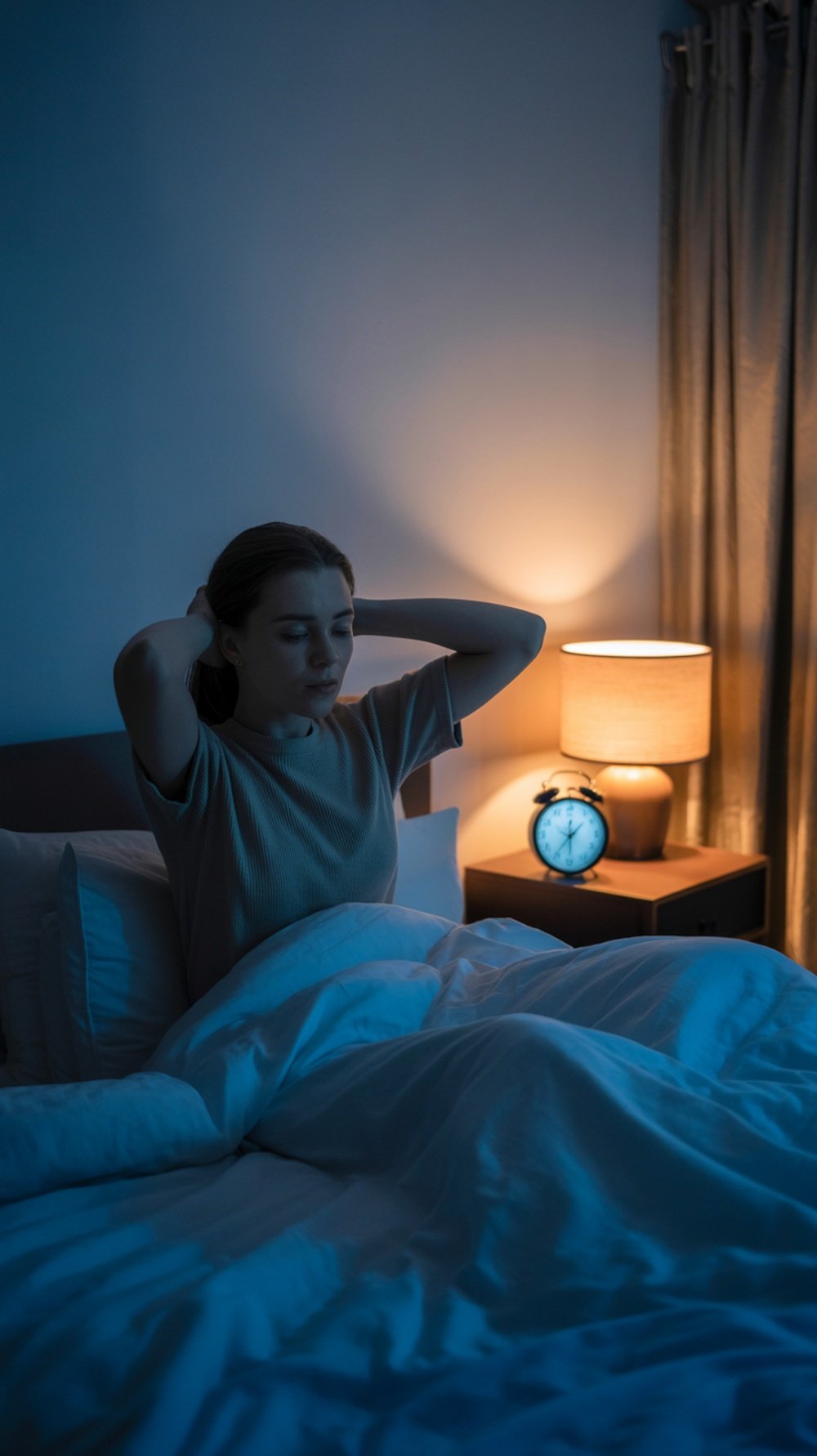 A woman sitting up in bed looking troubled, with a lamp glowing softly beside her.