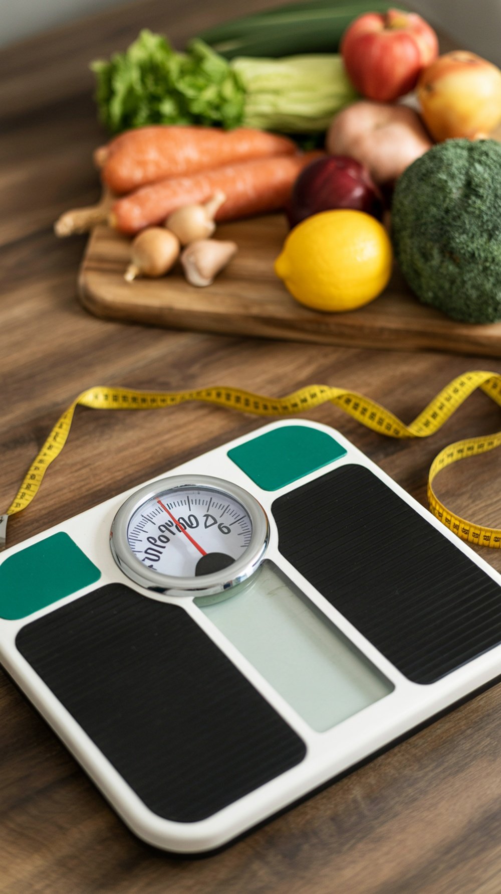 A scale with fresh vegetables and fruits in the background, symbolizing the connection between diet and gut health.