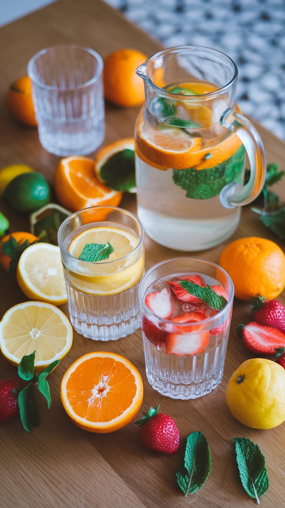 A pitcher of infused water with oranges, lemons, and mint, surrounded by fresh fruits on a wooden table.