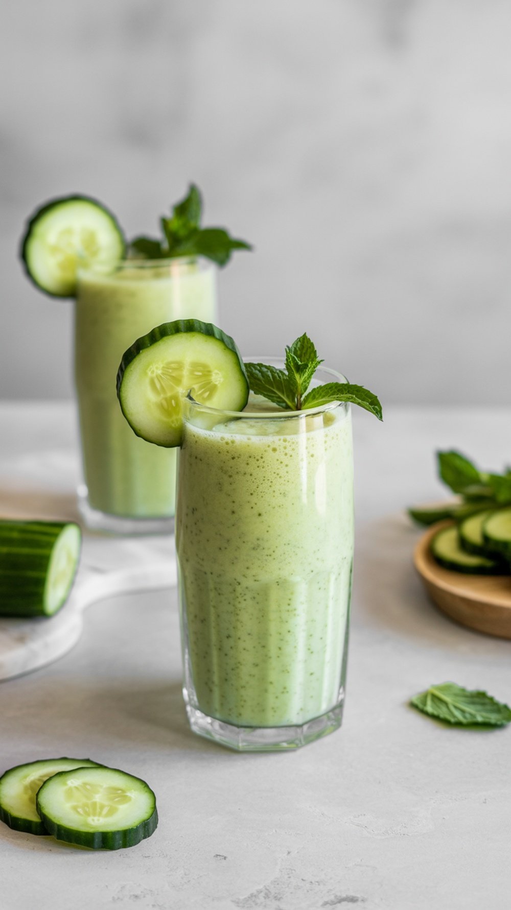A refreshing cucumber mint smoothie served in a glass, garnished with cucumber slices and mint leaves.