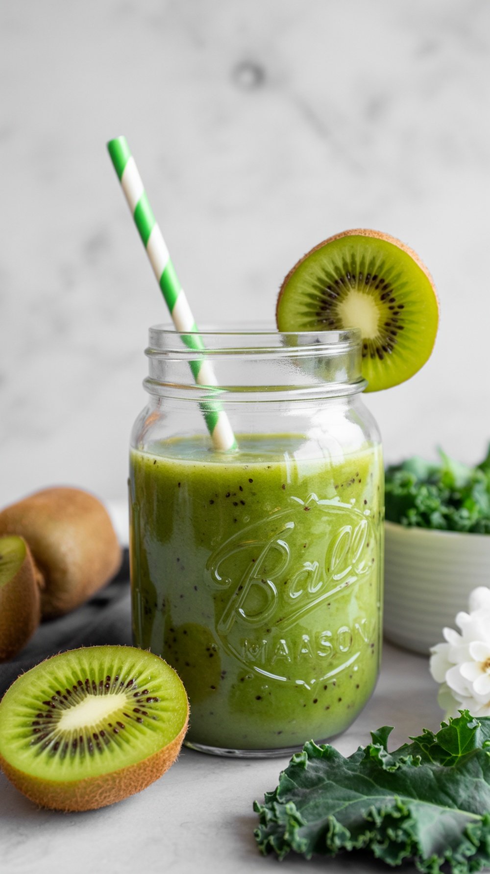 A green smoothie made with kale and kiwi, served in a mason jar with a straw, surrounded by fresh kiwi slices and kale leaves.