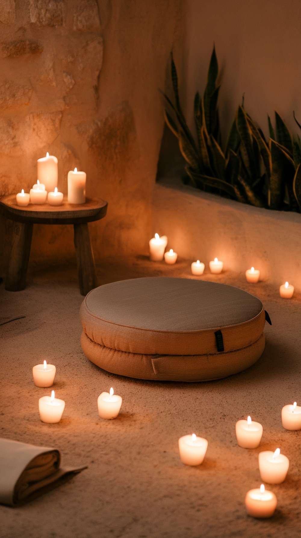 A calming space with candles and a meditation cushion, ideal for stress relief.