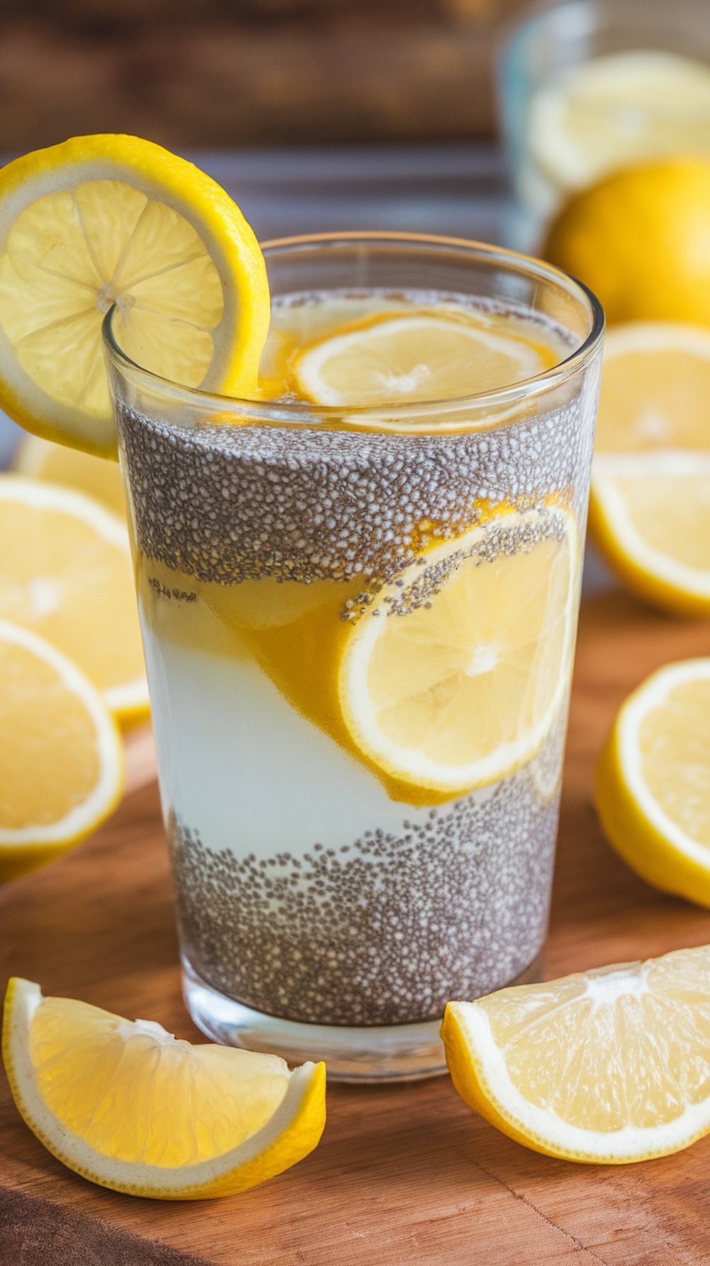 A glass of chia seed lemonade with lemon slices on the rim and around the glass.