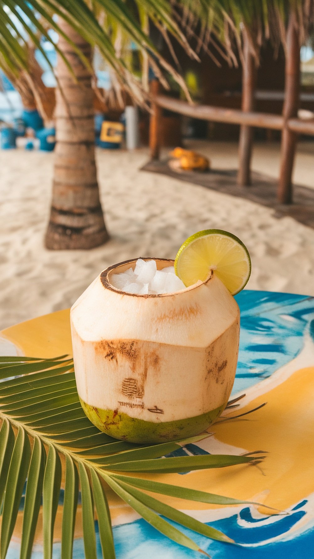 A coconut filled with coconut water and ice, garnished with a lime slice, placed on a colorful table.