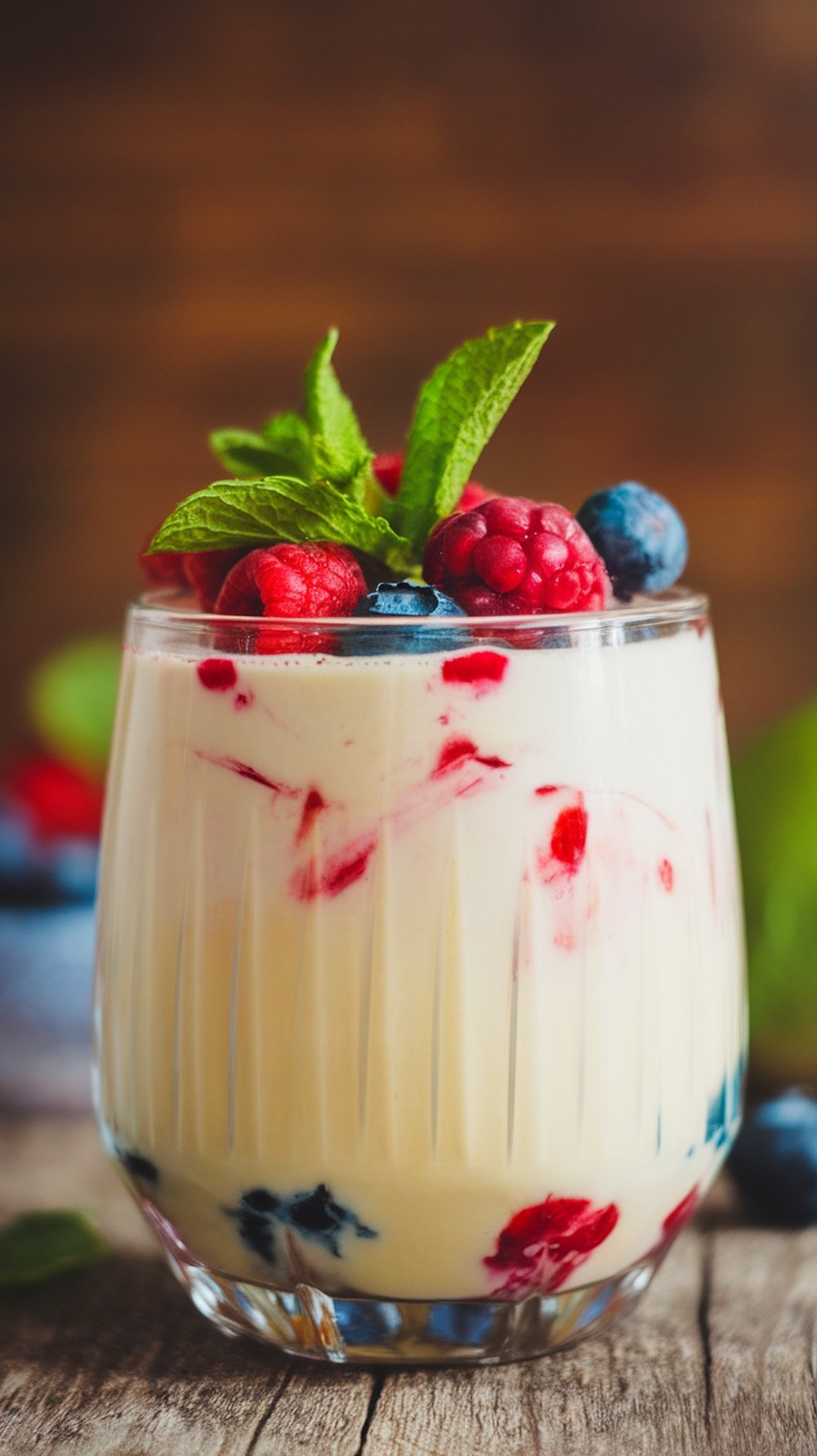 A glass of probiotic yogurt drink with raspberries, blueberries, and mint leaves.