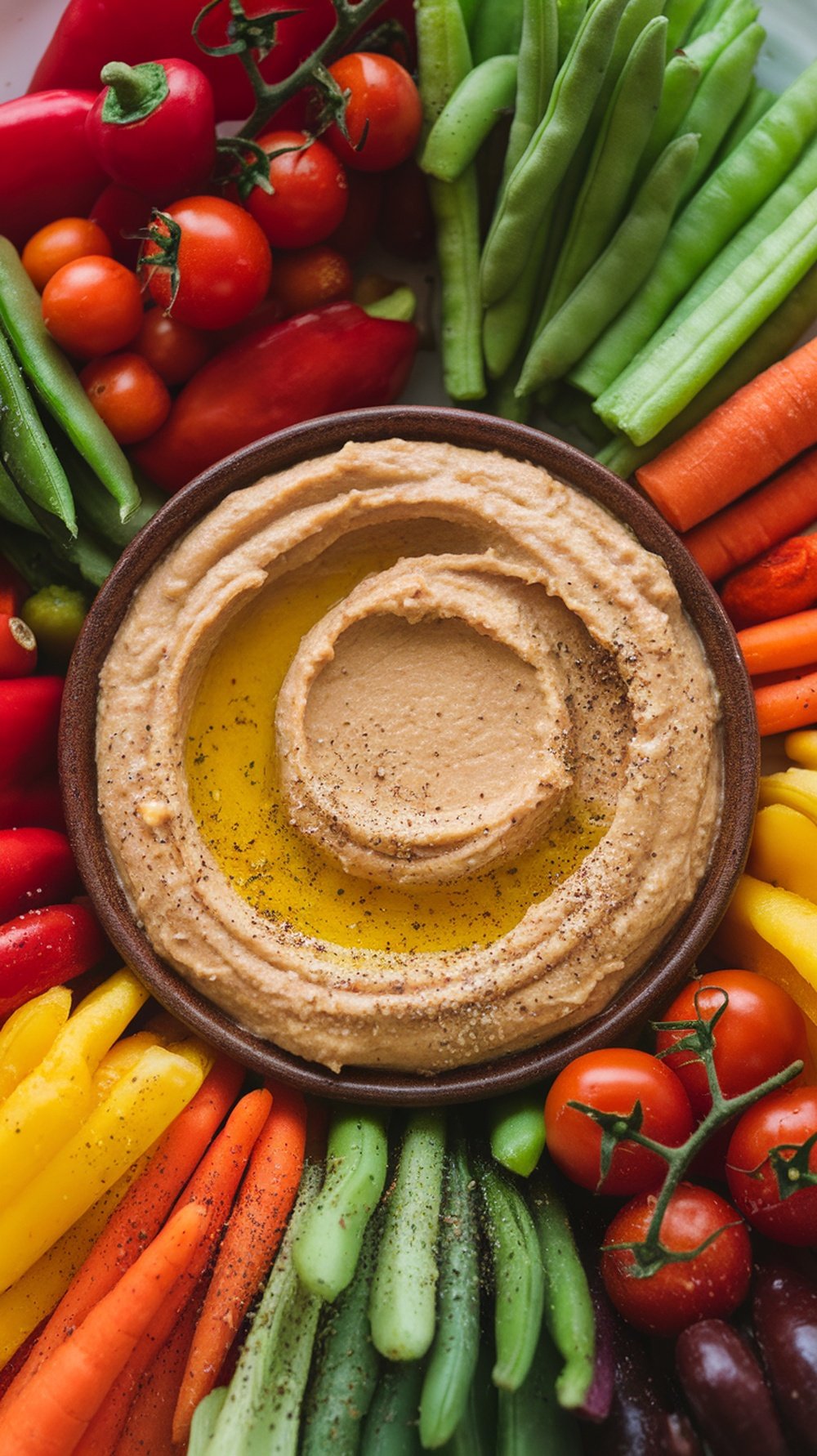A bowl of chickpea hummus surrounded by colorful fresh vegetables.