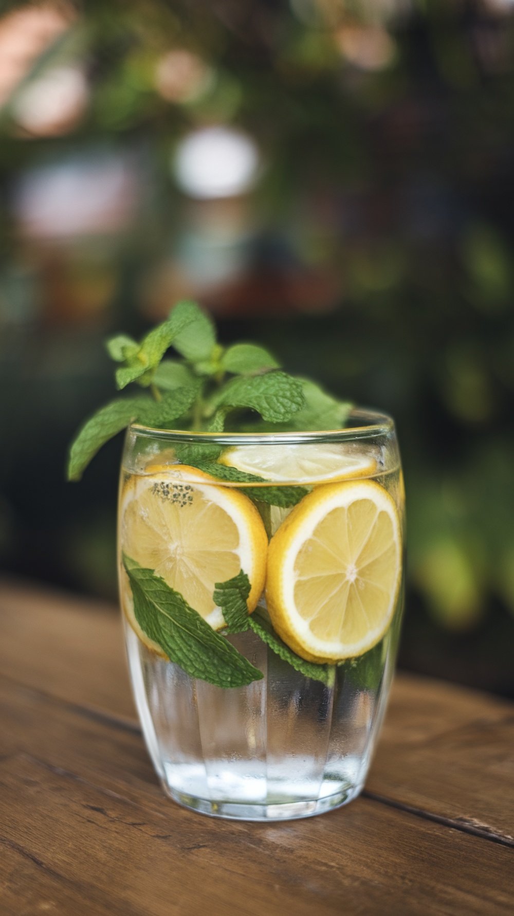 A refreshing glass of water with lemon slices and mint leaves.