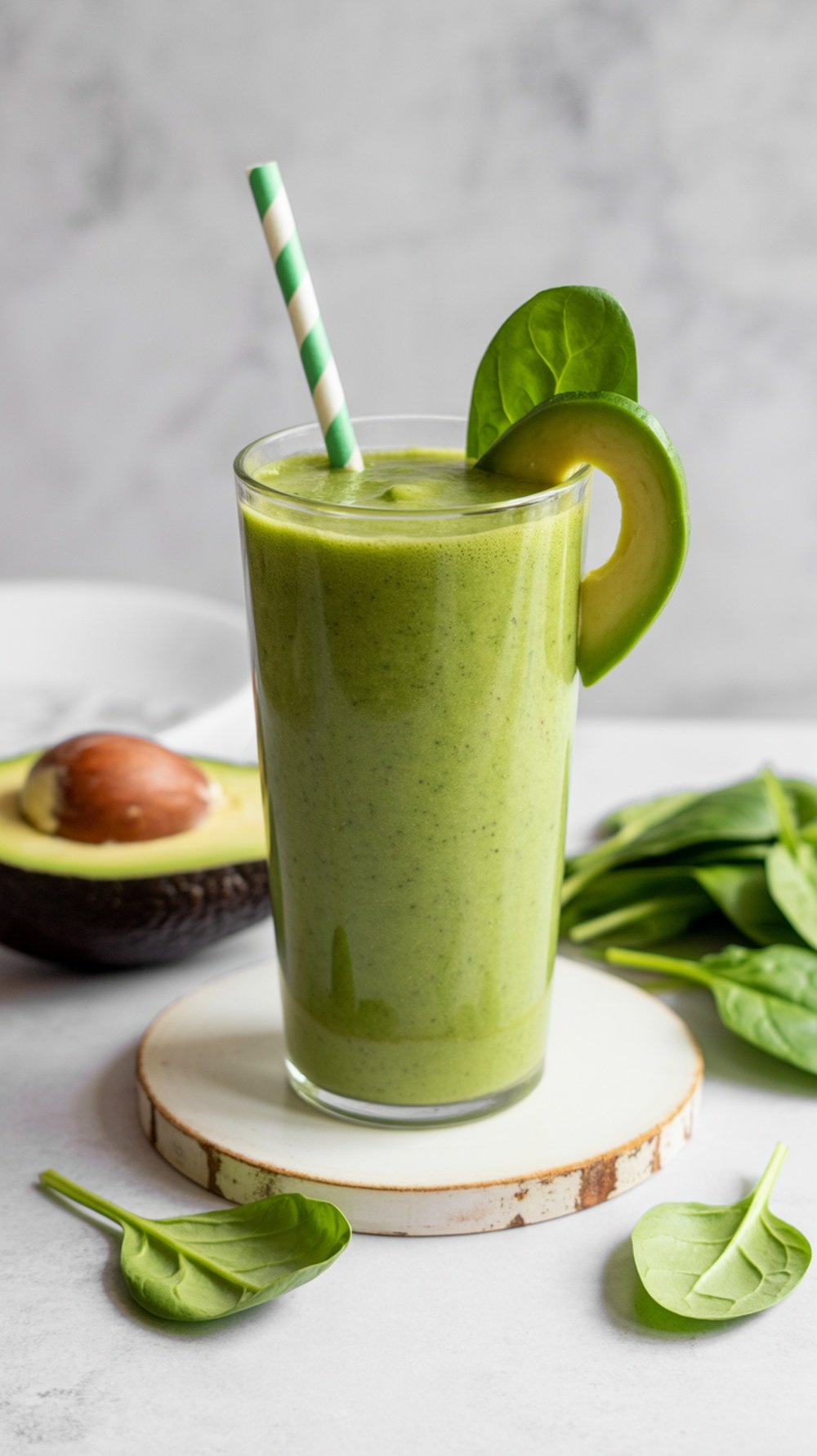 A refreshing green avocado and spinach smoothie in a glass with a striped straw, garnished with avocado and spinach leaves.