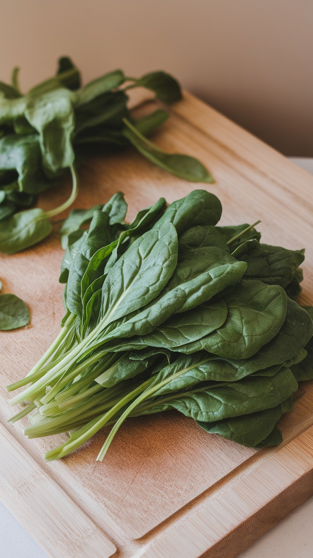 Fresh spinach leaves on a wooden cutting board