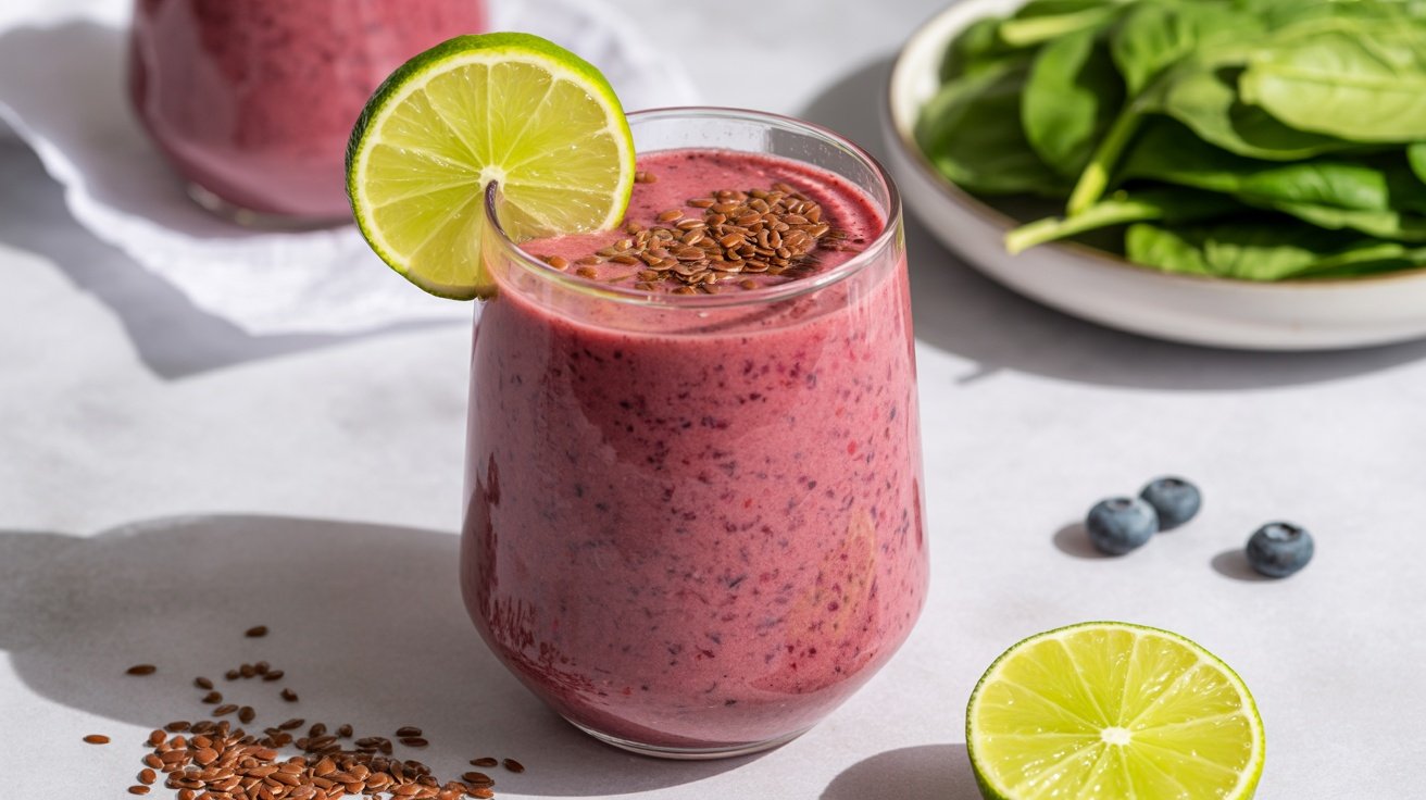 A Berry and Spinach Smoothie in a glass, garnished with lime and flaxseed, with spinach leaves and blueberries in the background.