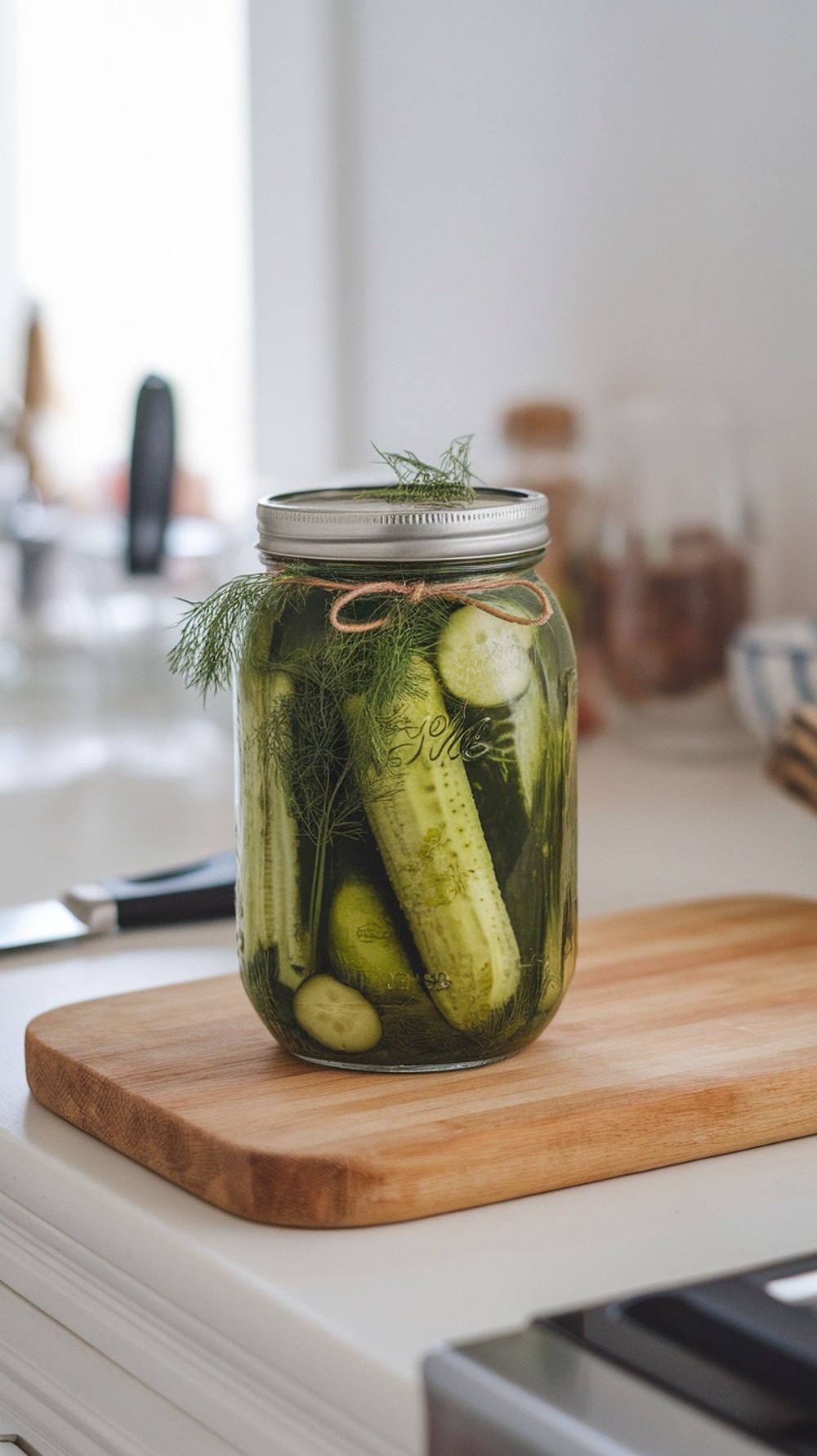 A jar of pickles filled with cucumbers and herbs on a wooden cutting board.