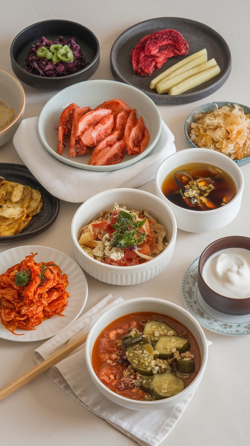 A variety of colorful dishes including kimchi, pickles, and yogurt, showcasing different food cultures.