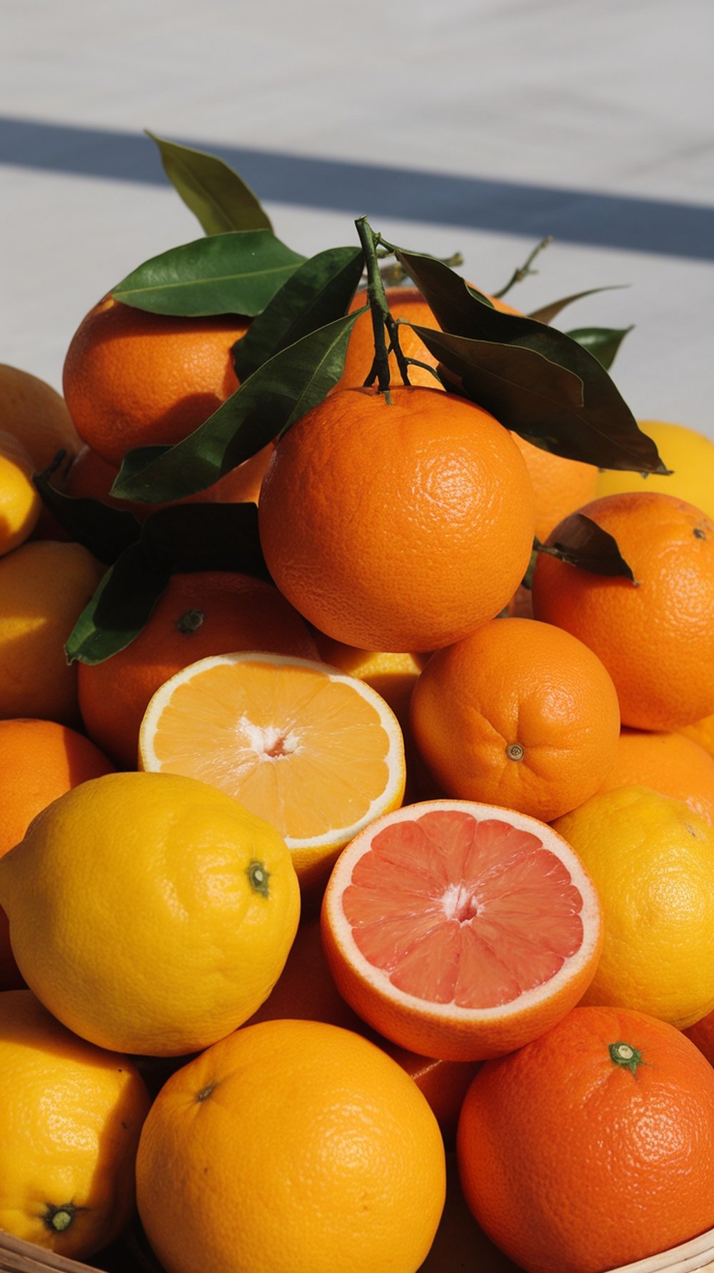 A colorful assortment of citrus fruits including oranges, lemons, and grapefruits.