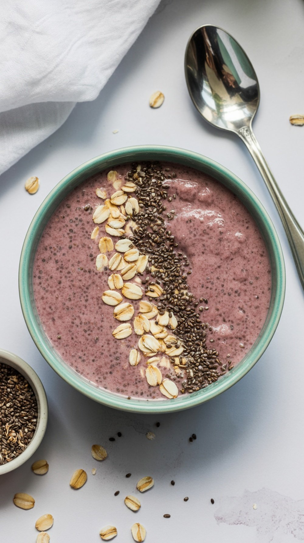 A bowl of Chia Seed and Oatmeal Smoothie topped with oats and chia seeds, with a spoon beside it.