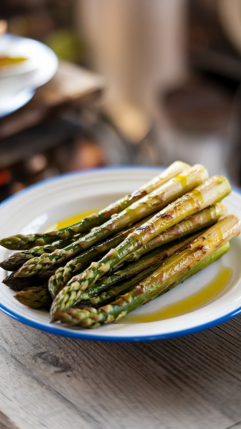 Grilled asparagus on a plate with olive oil