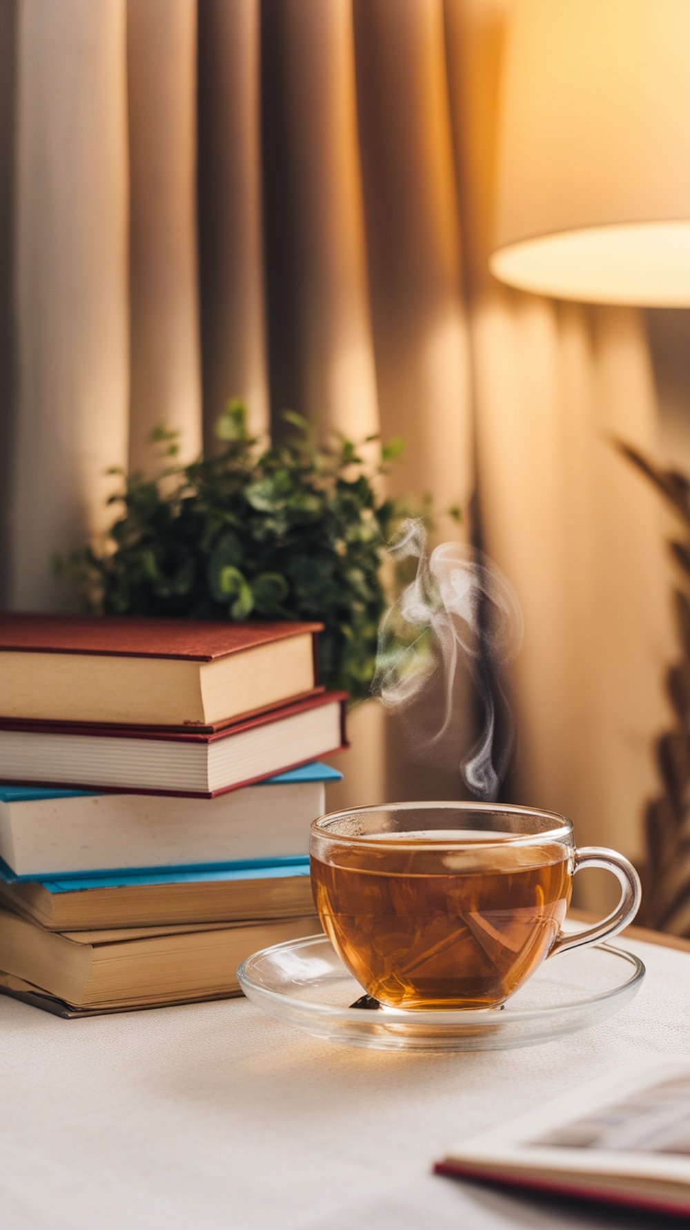 A steaming cup of herbal tea on a table with books and a plant in the background.