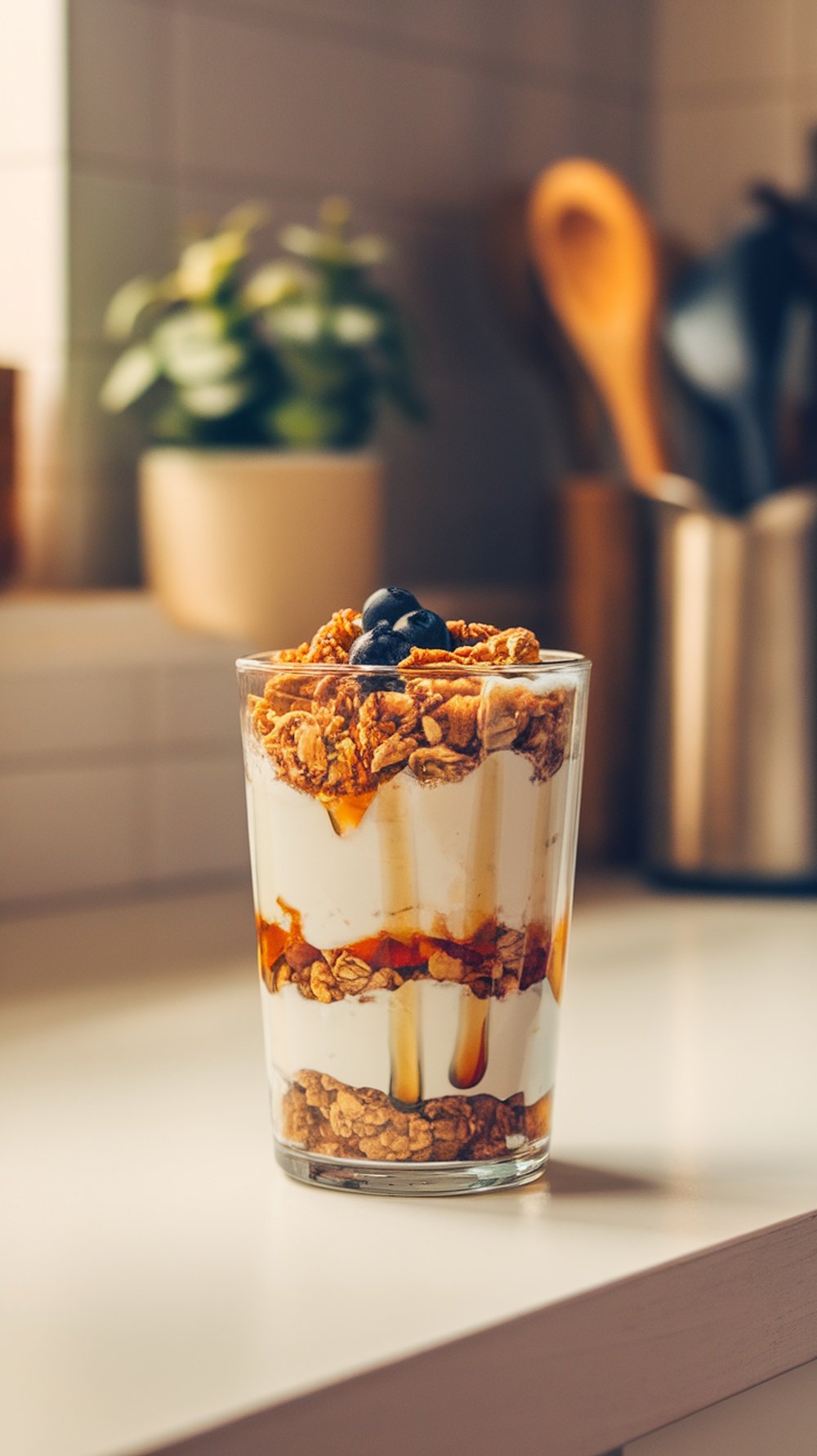 A glass of Greek yogurt parfait layered with granola and honey, topped with blueberries.