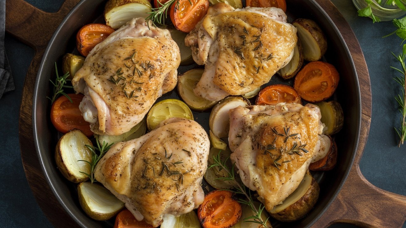Baked chicken thighs with herbs and roasted vegetables