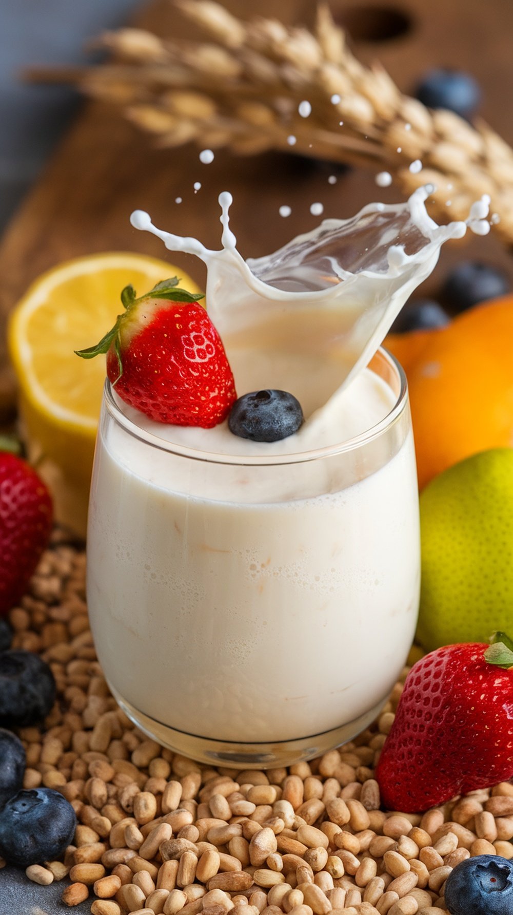 A glass of kefir topped with strawberries and blueberries, with a splash of milk and surrounding fruits.