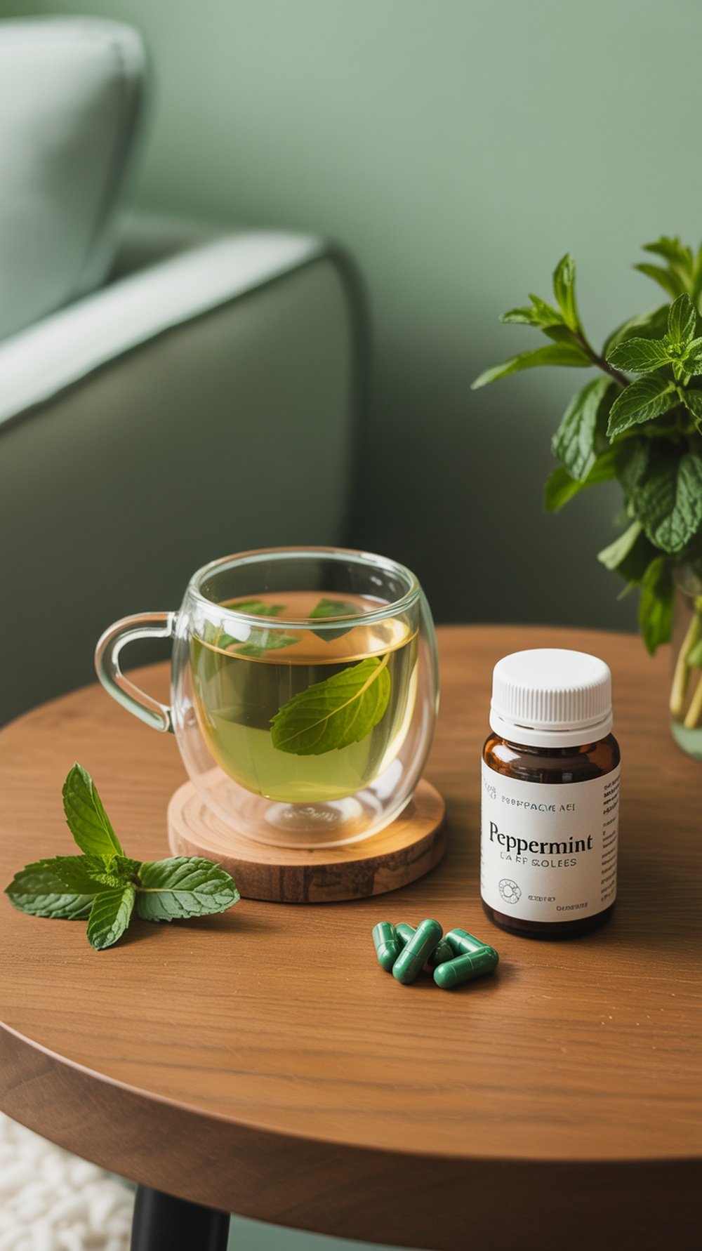 A cozy setup featuring a cup of peppermint tea with mint leaves and a bottle of peppermint capsules on a wooden table surrounded by greenery.