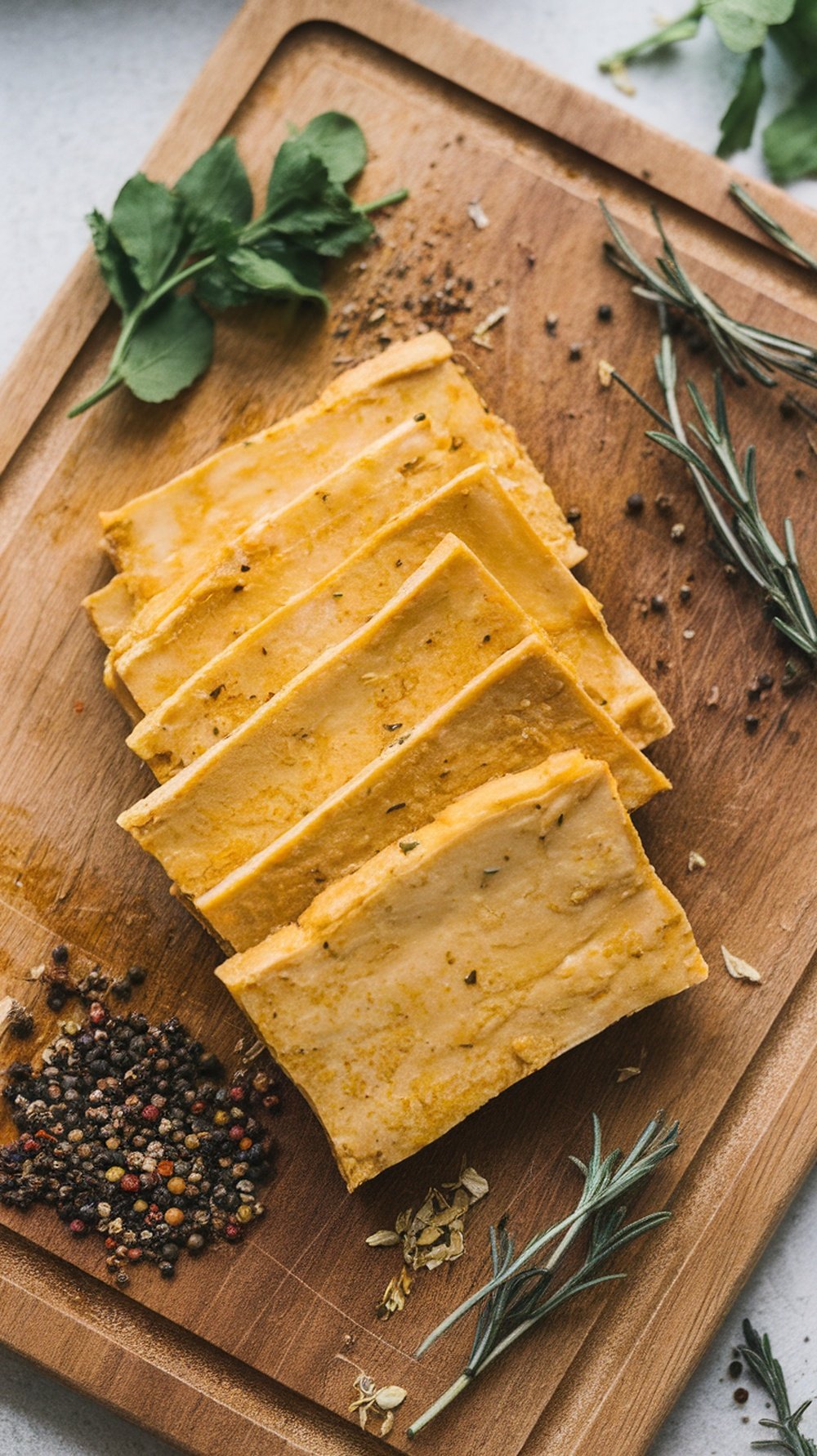 Slices of tempeh on a wooden cutting board with herbs and spices