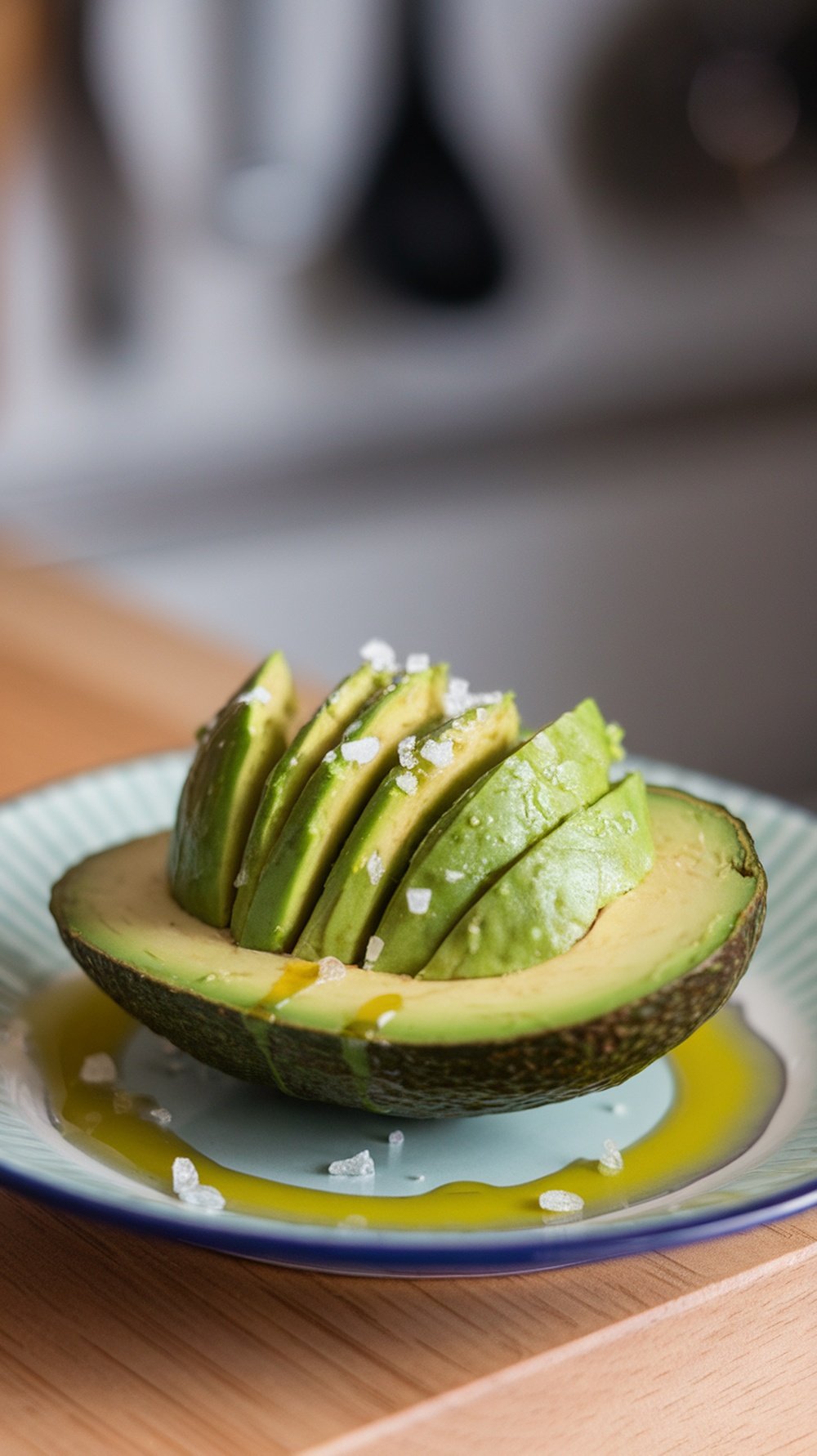 A sliced avocado with olive oil and salt on a plate