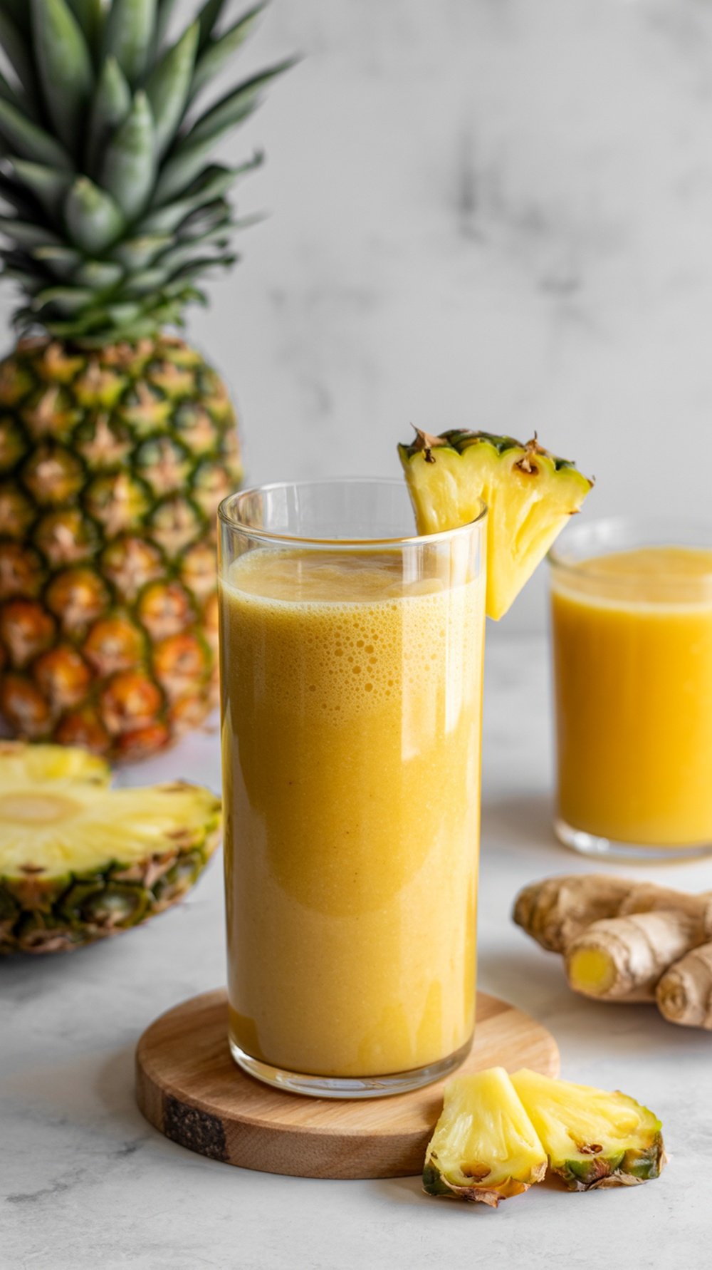 A refreshing pineapple and ginger smoothie in a glass, garnished with a slice of pineapple, with fresh pineapple and ginger root in the background.
