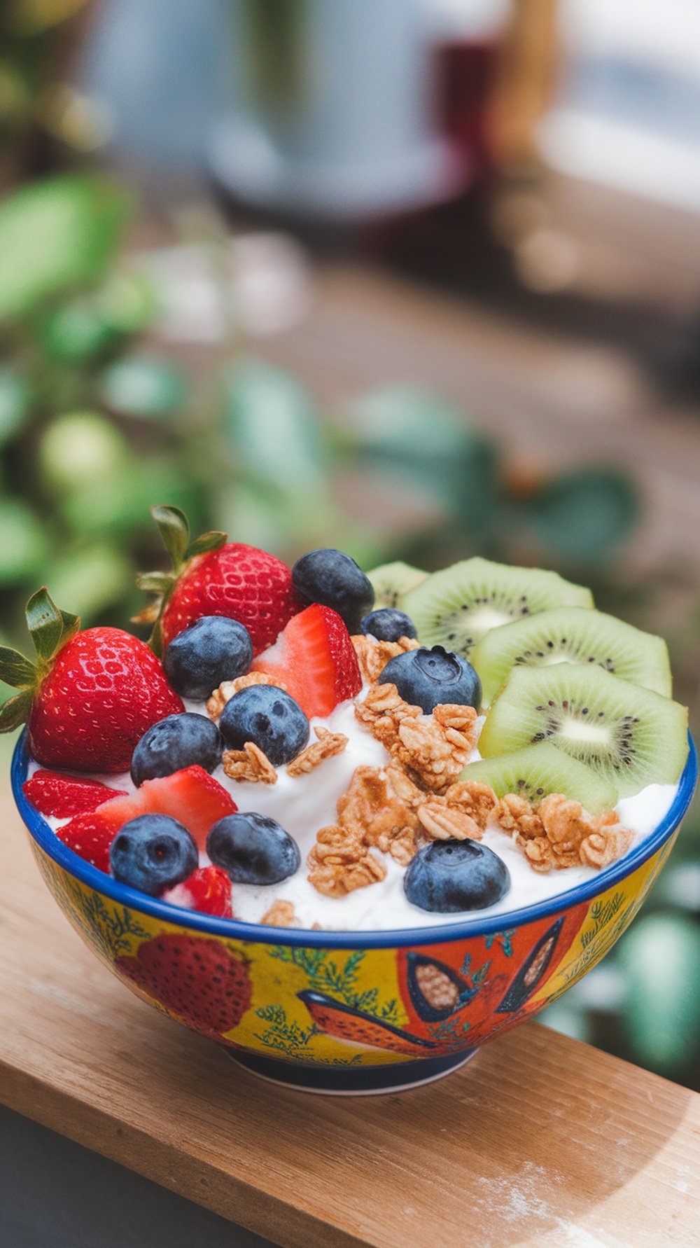 A colorful bowl of yogurt topped with strawberries, blueberries, kiwi, and granola.
