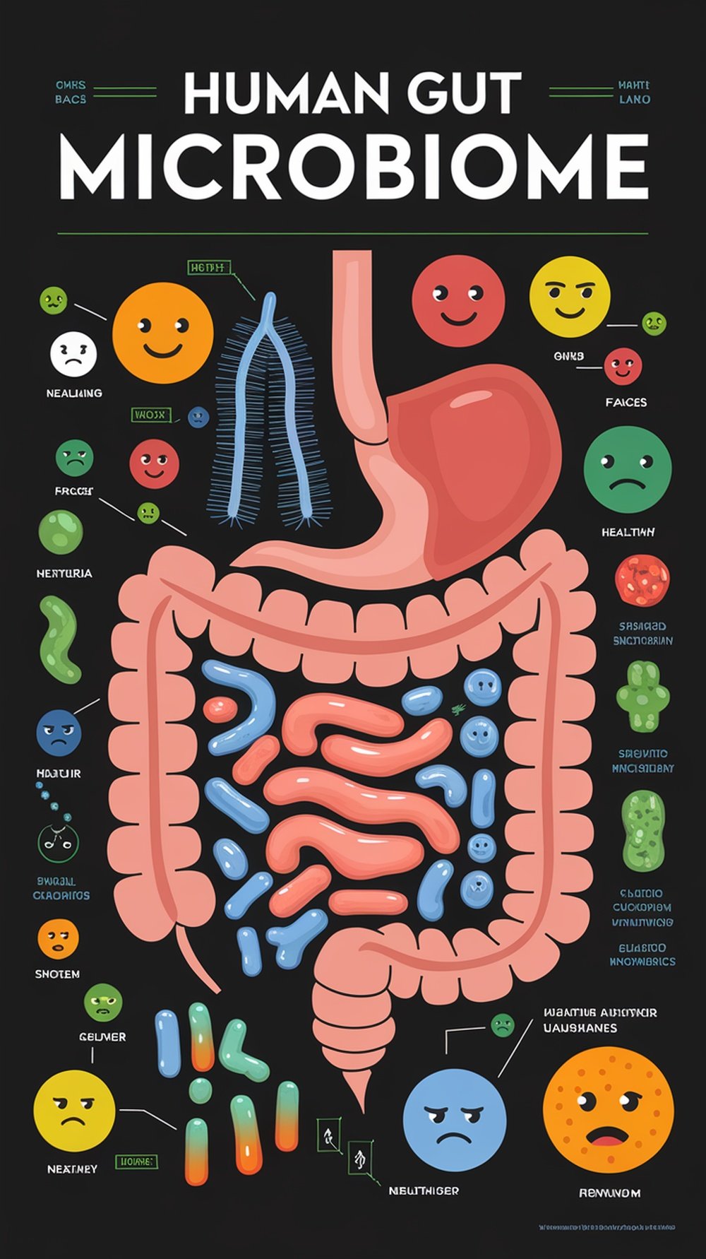 Illustration of the human gut microbiome showing various bacteria and their effects on health.