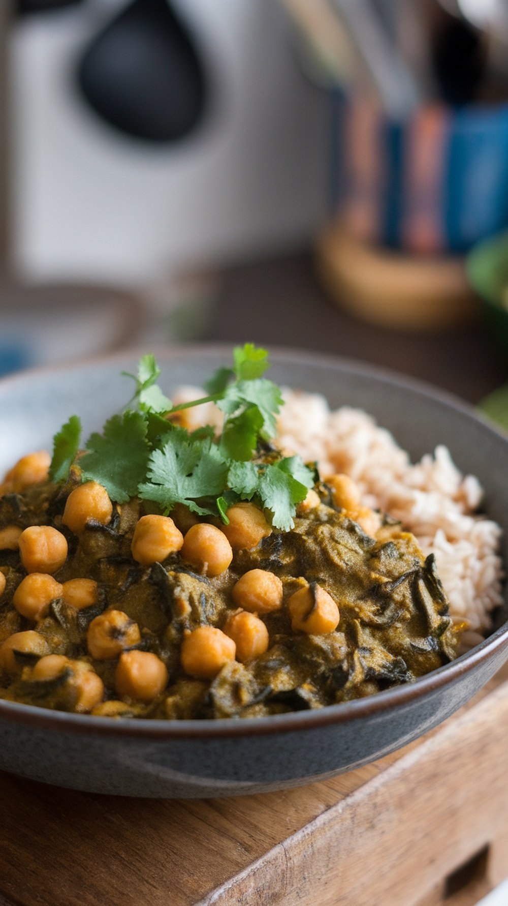 A bowl of chickpea and spinach curry served with rice, garnished with fresh cilantro.
